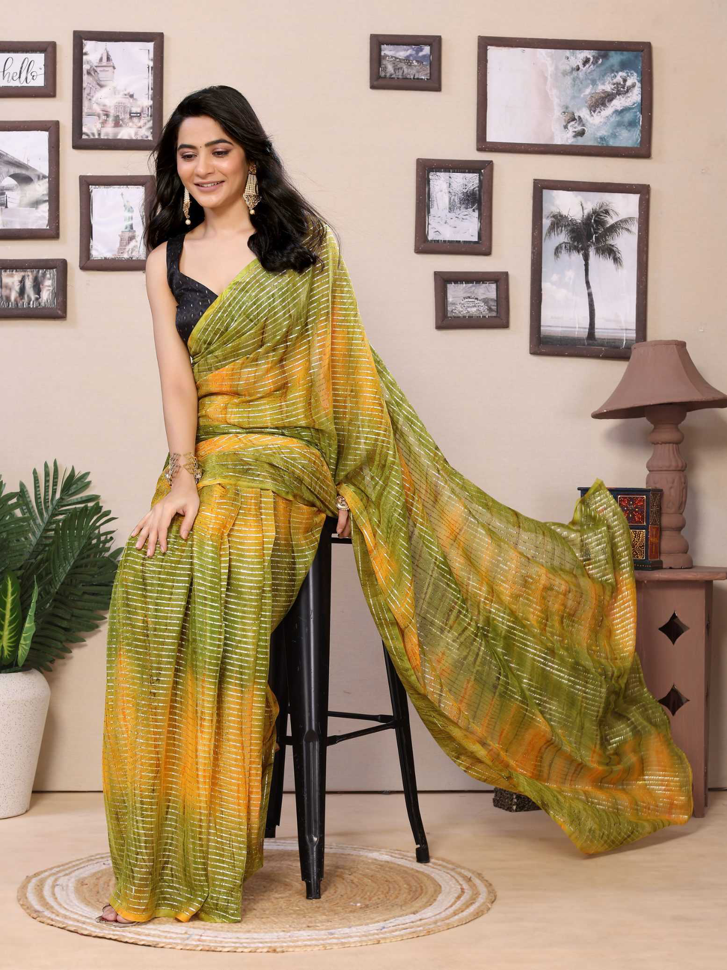 Ready To Wear Mehendi Fancy Gerogette Padding Saree With Blouse