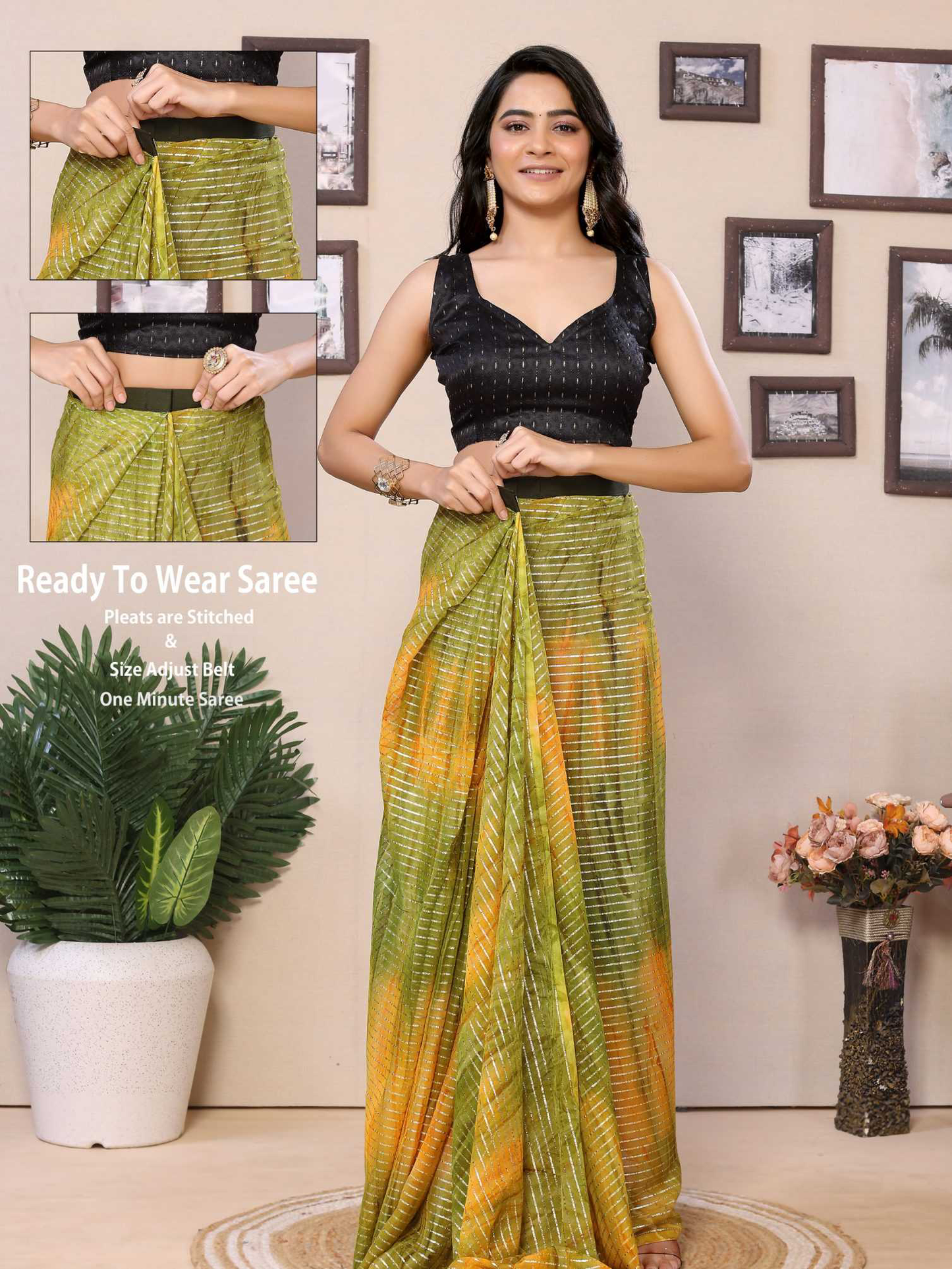 Ready To Wear Mehendi Fancy Gerogette Padding Saree With Blouse