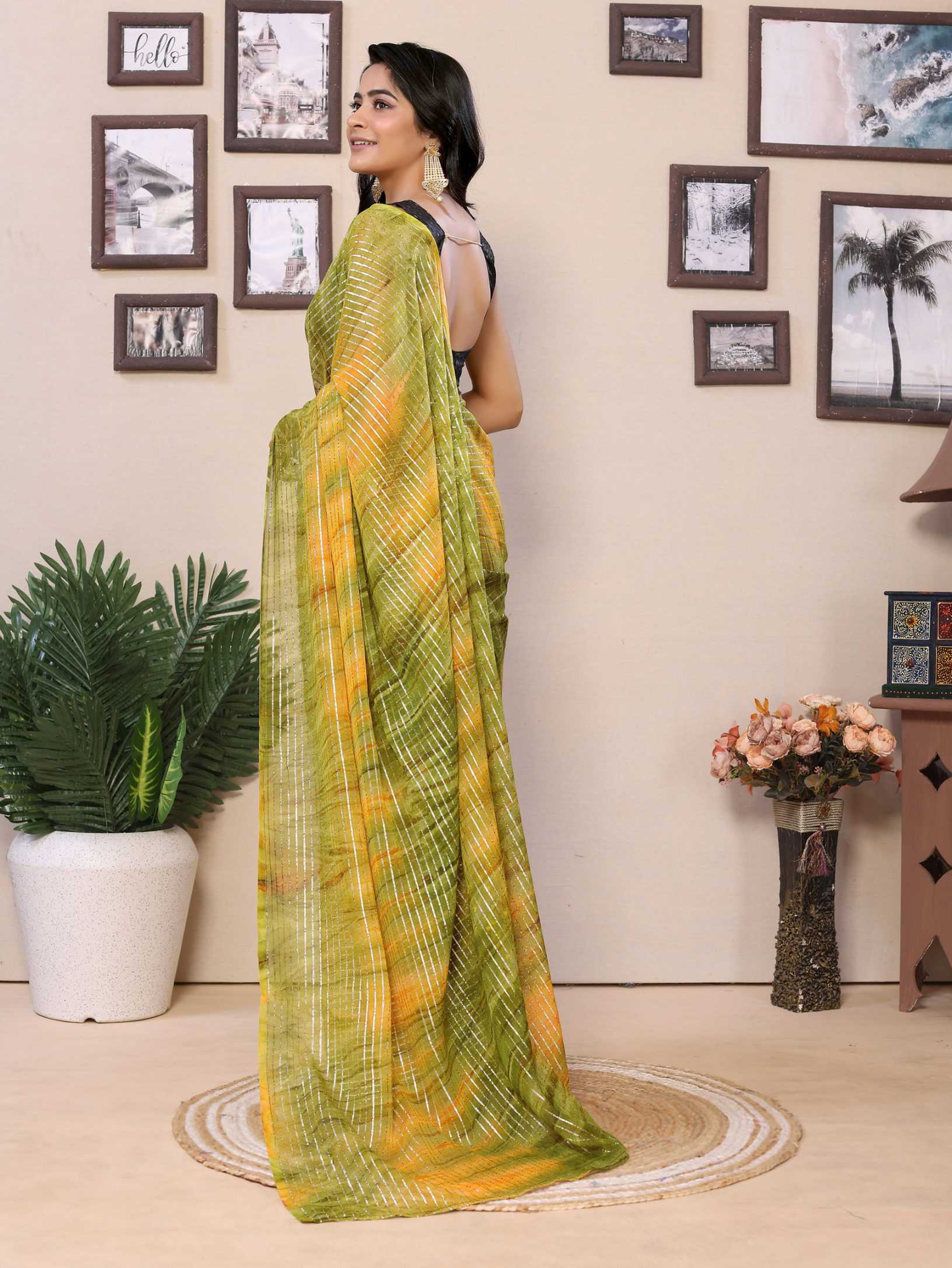 Ready To Wear Mehendi Fancy Gerogette Padding Saree With Blouse