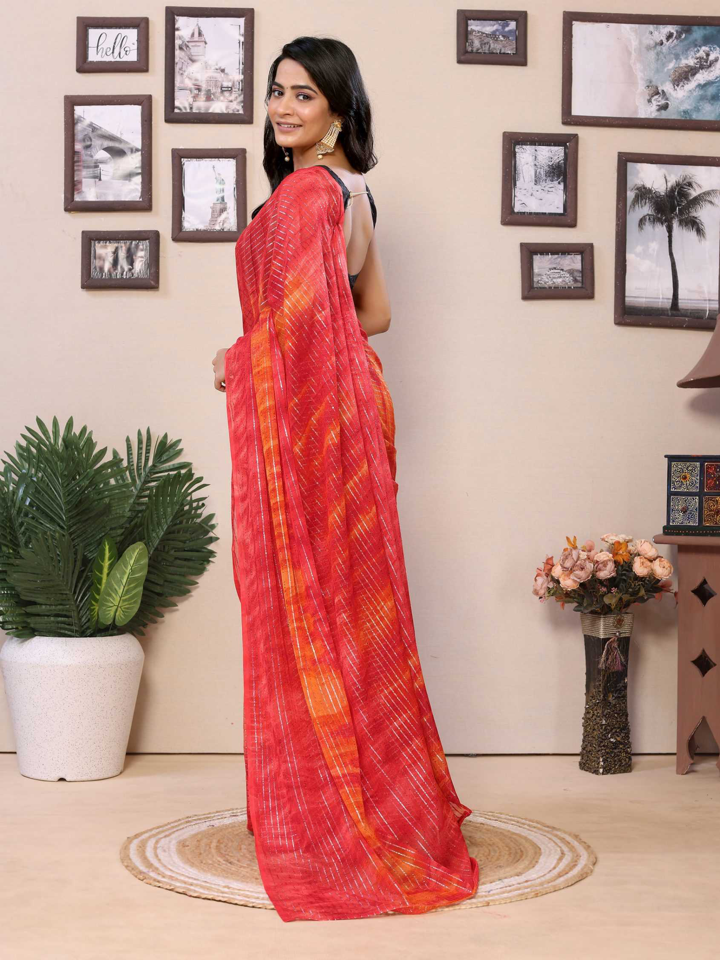 Red Georgette Ready To Wear Saree With Contrast Blouse