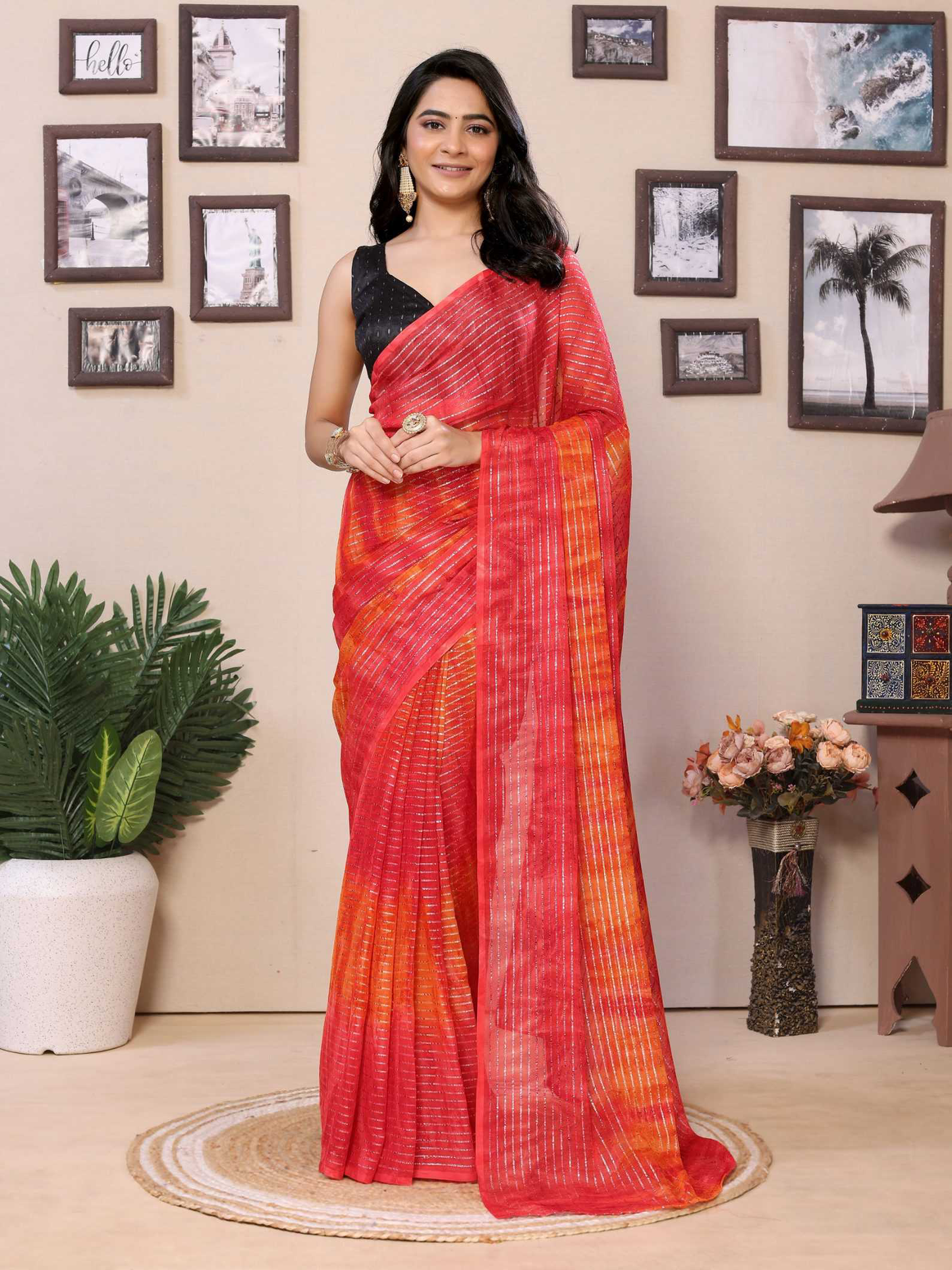 Red Georgette Ready To Wear Saree With Contrast Blouse