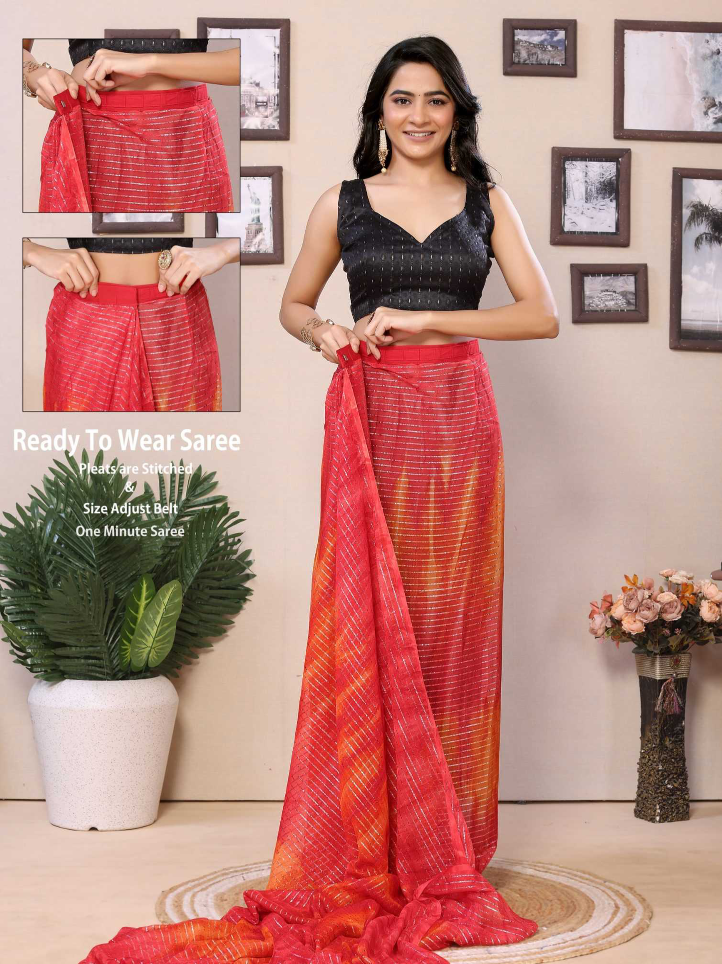 Red Georgette Ready To Wear Saree With Contrast Blouse