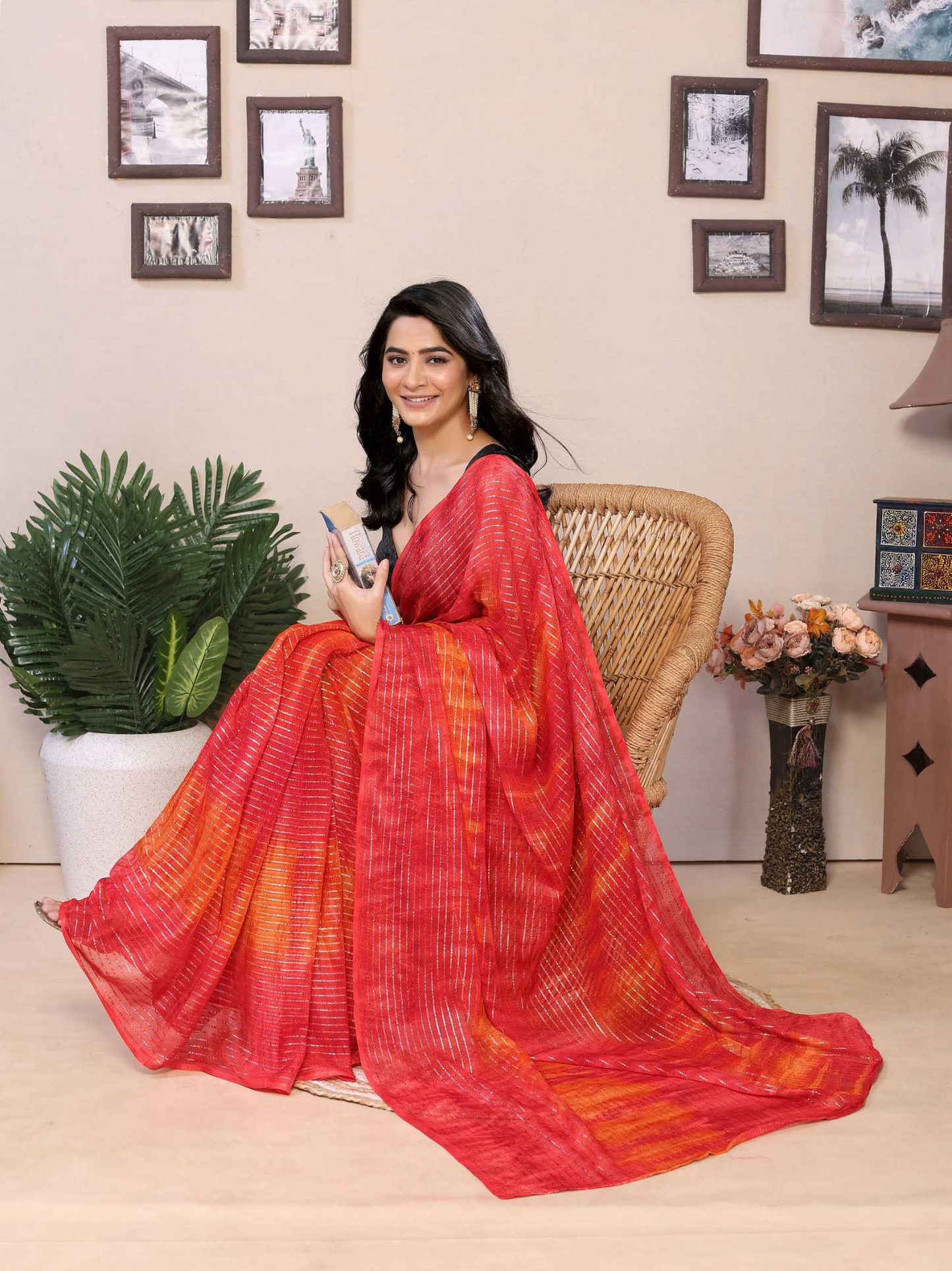 Red Georgette Ready To Wear Saree With Contrast Blouse