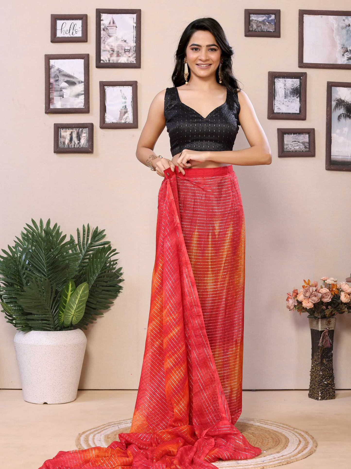 Red Georgette Ready To Wear Saree With Contrast Blouse