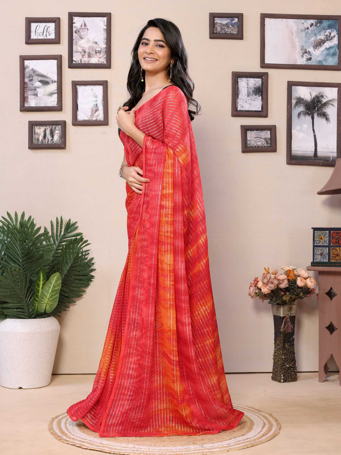 Red Georgette Ready To Wear Saree With Contrast Blouse