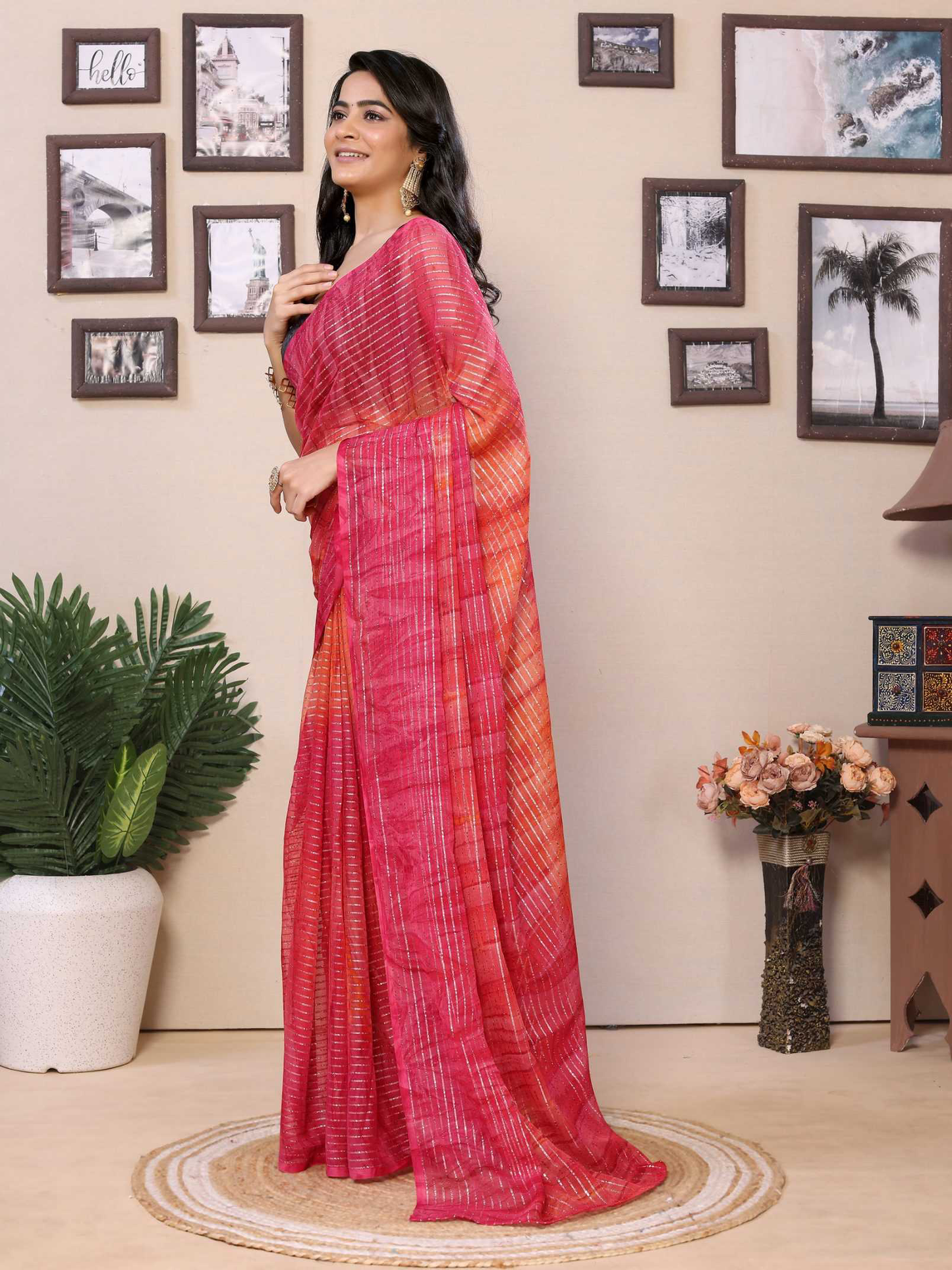 Pink Georgette Ready To Wear Saree With Contrast Blouse