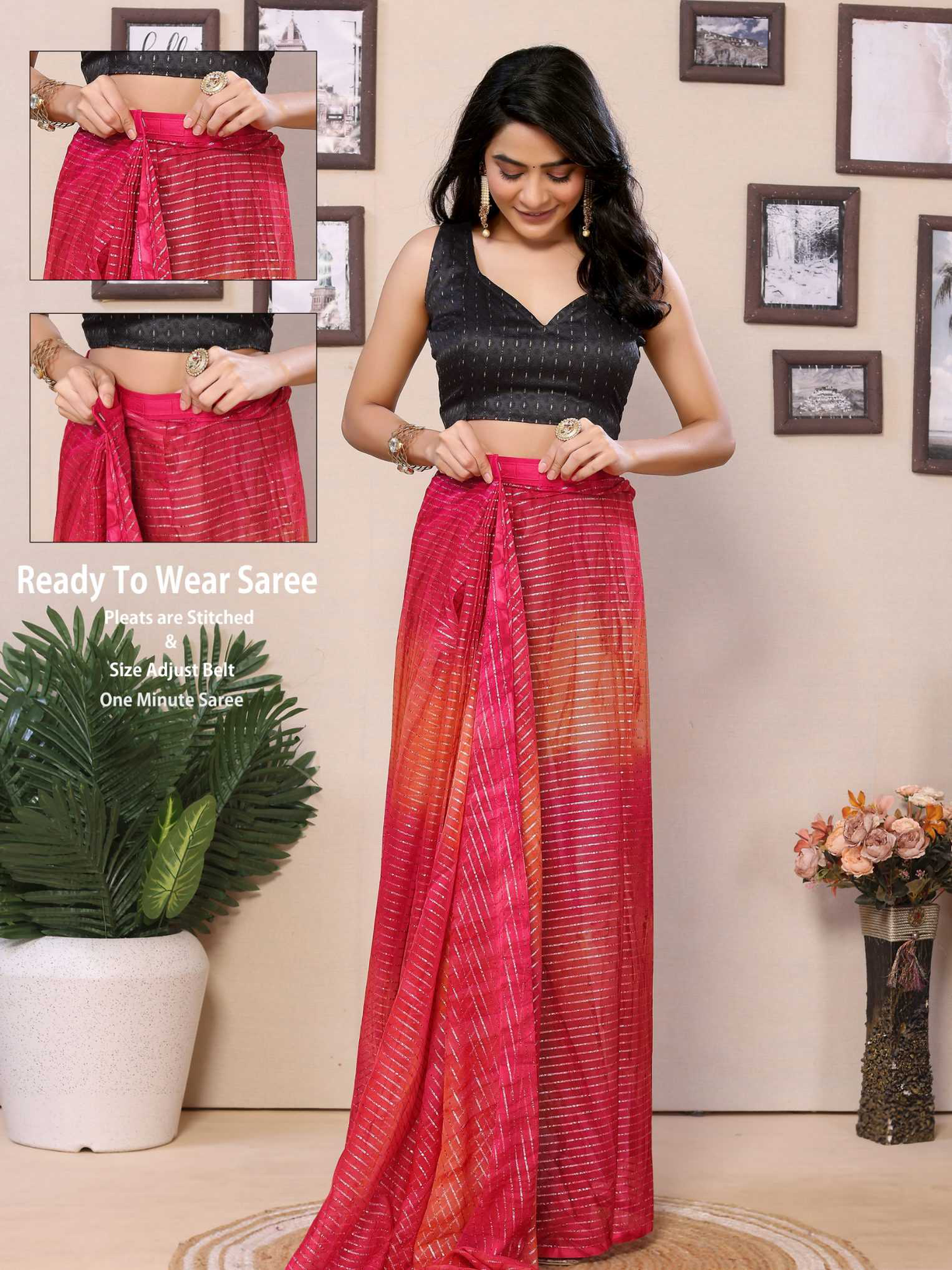 Pink Georgette Ready To Wear Saree With Contrast Blouse