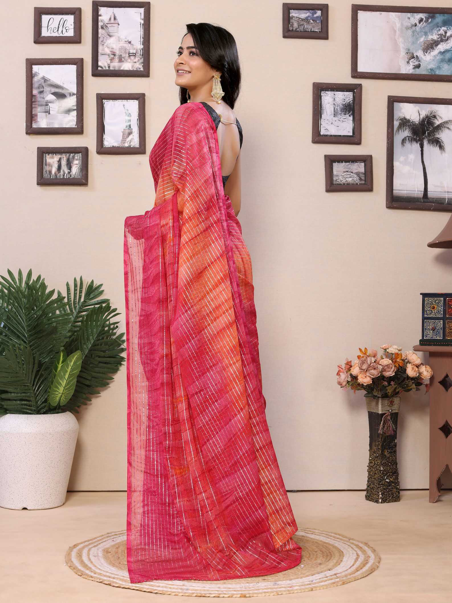 Pink Georgette Ready To Wear Saree With Contrast Blouse