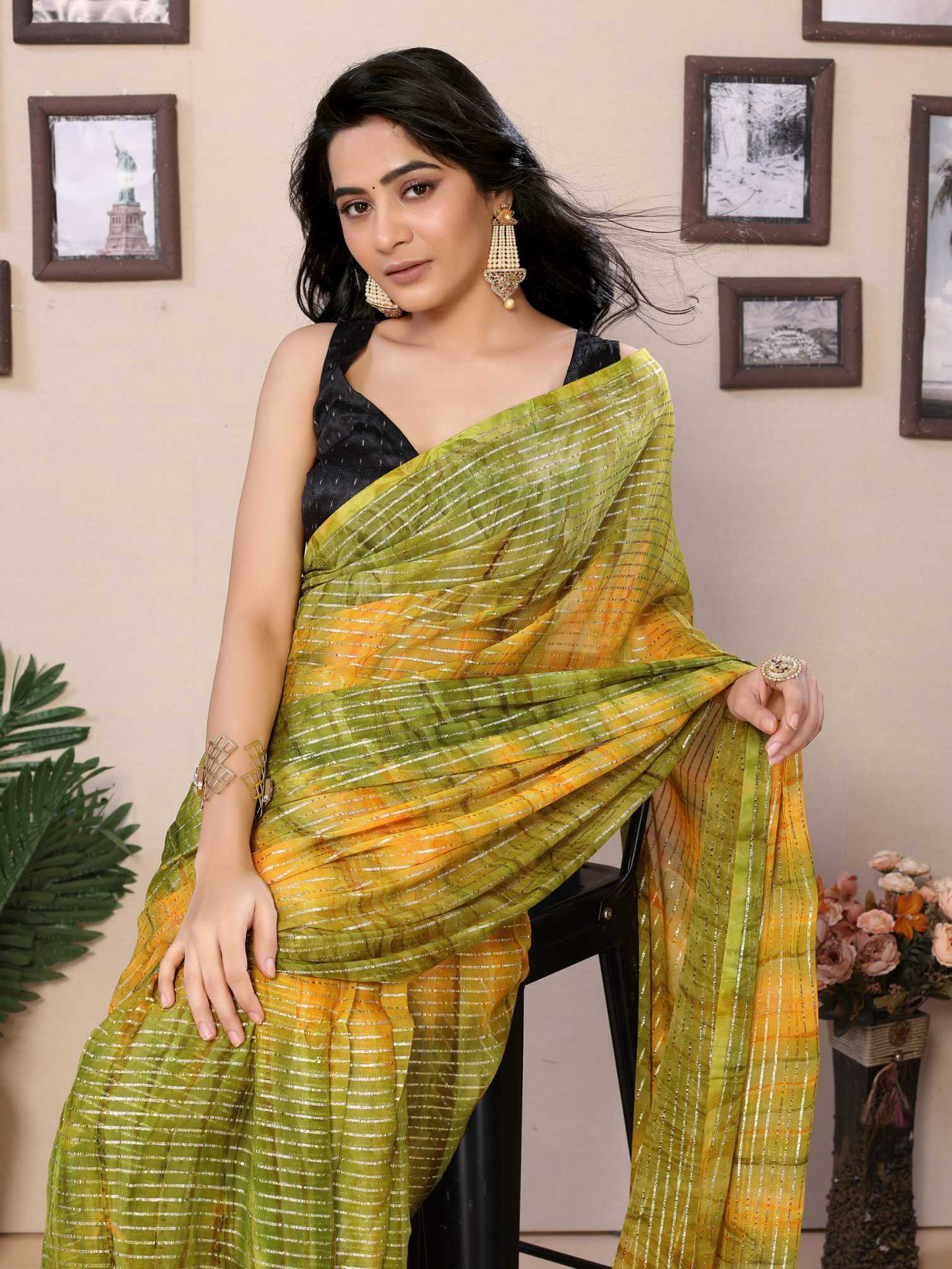 Green Georgette Ready To Wear Saree With Contrast Blouse
