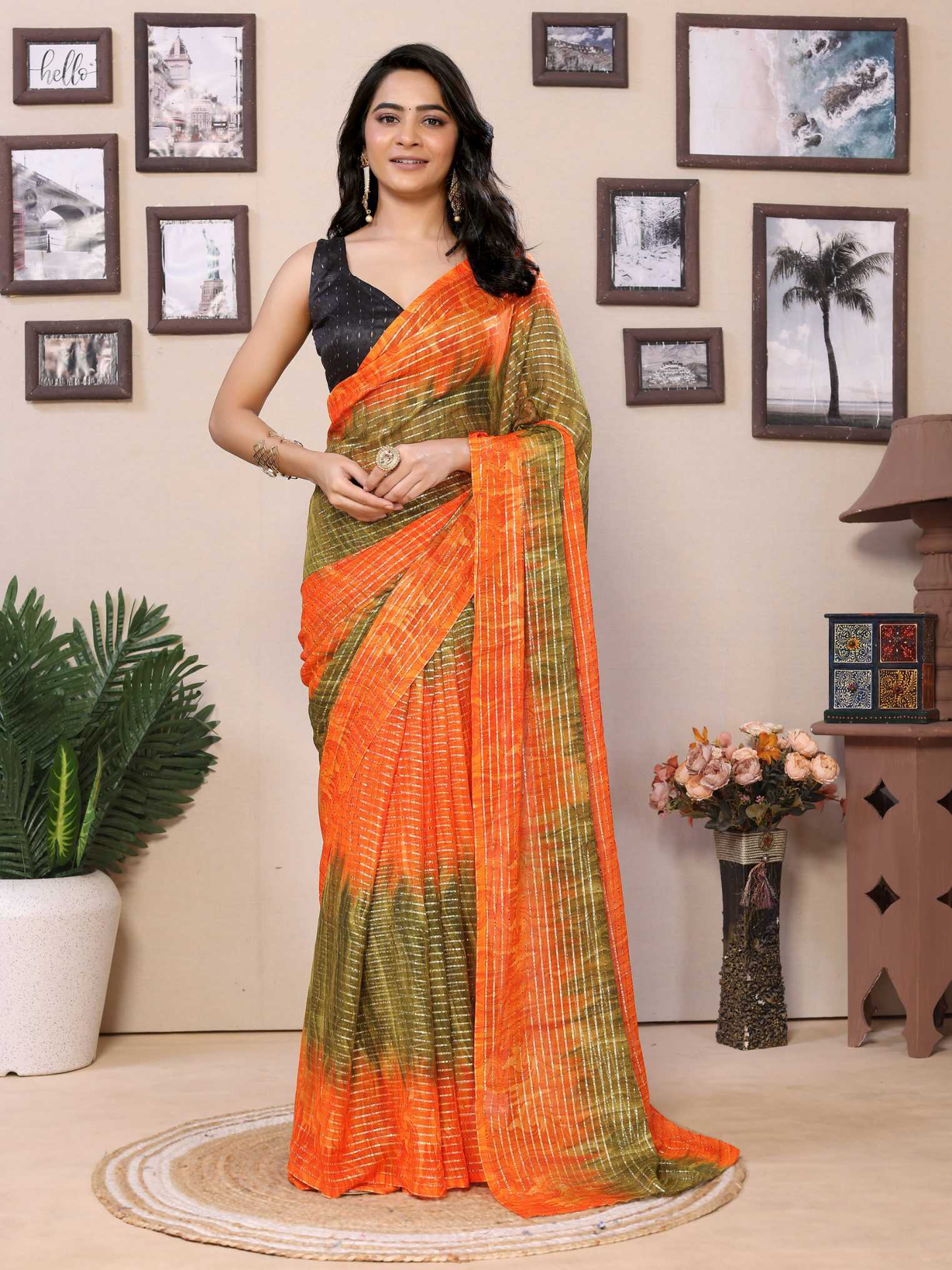 Orange Georgette Ready To Wear Saree With Contrast Blouse