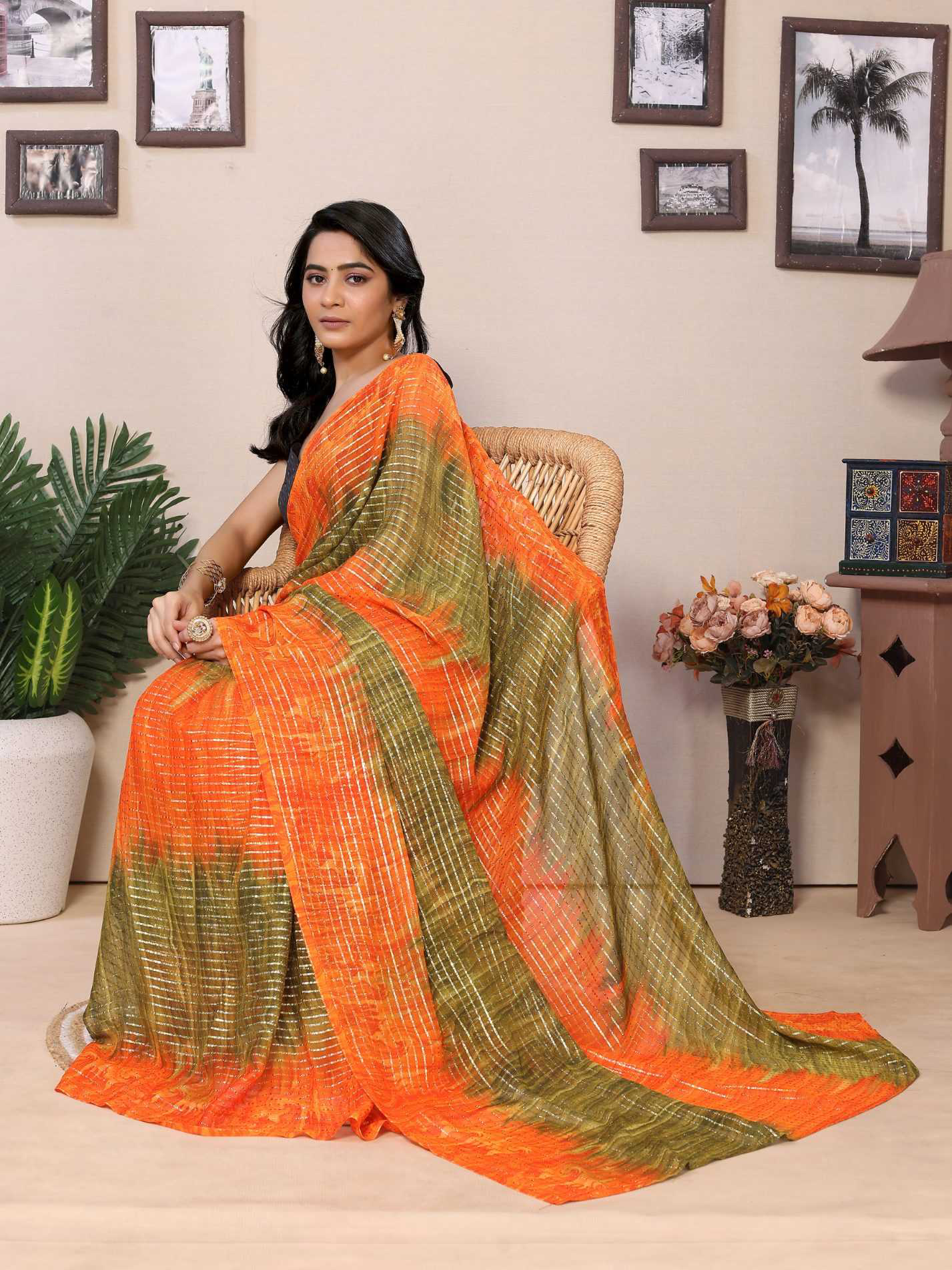 Orange Georgette Ready To Wear Saree With Contrast Blouse