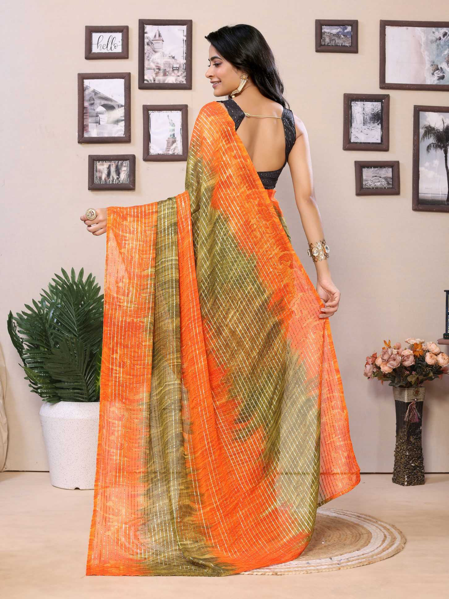 Orange Georgette Ready To Wear Saree With Contrast Blouse