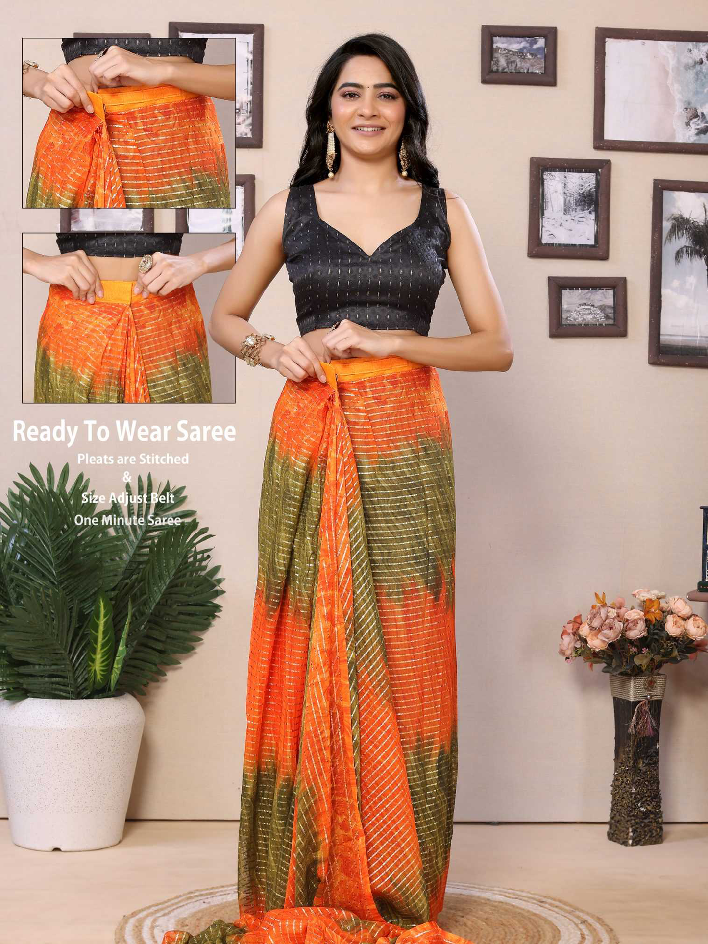 Orange Georgette Ready To Wear Saree With Contrast Blouse