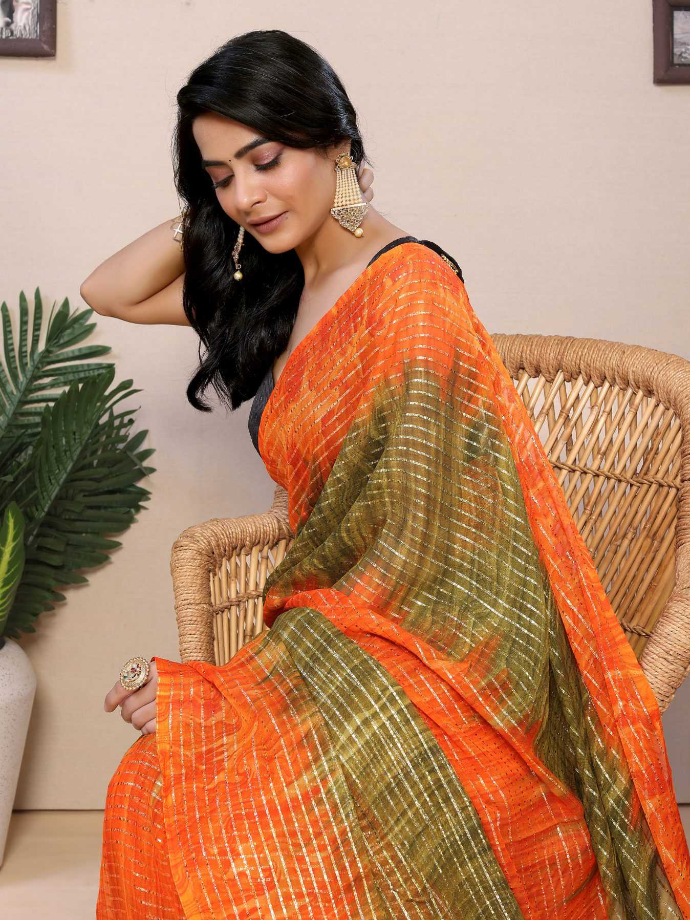 Orange Georgette Ready To Wear Saree With Contrast Blouse