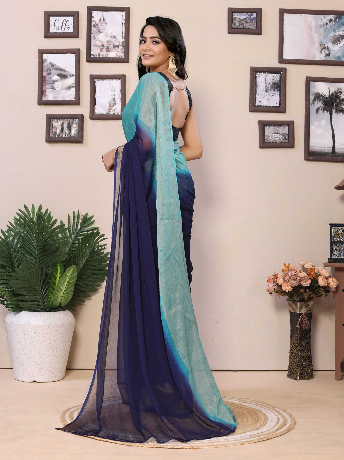 Ready to wear multi plain chiffon saree with woven stripe work