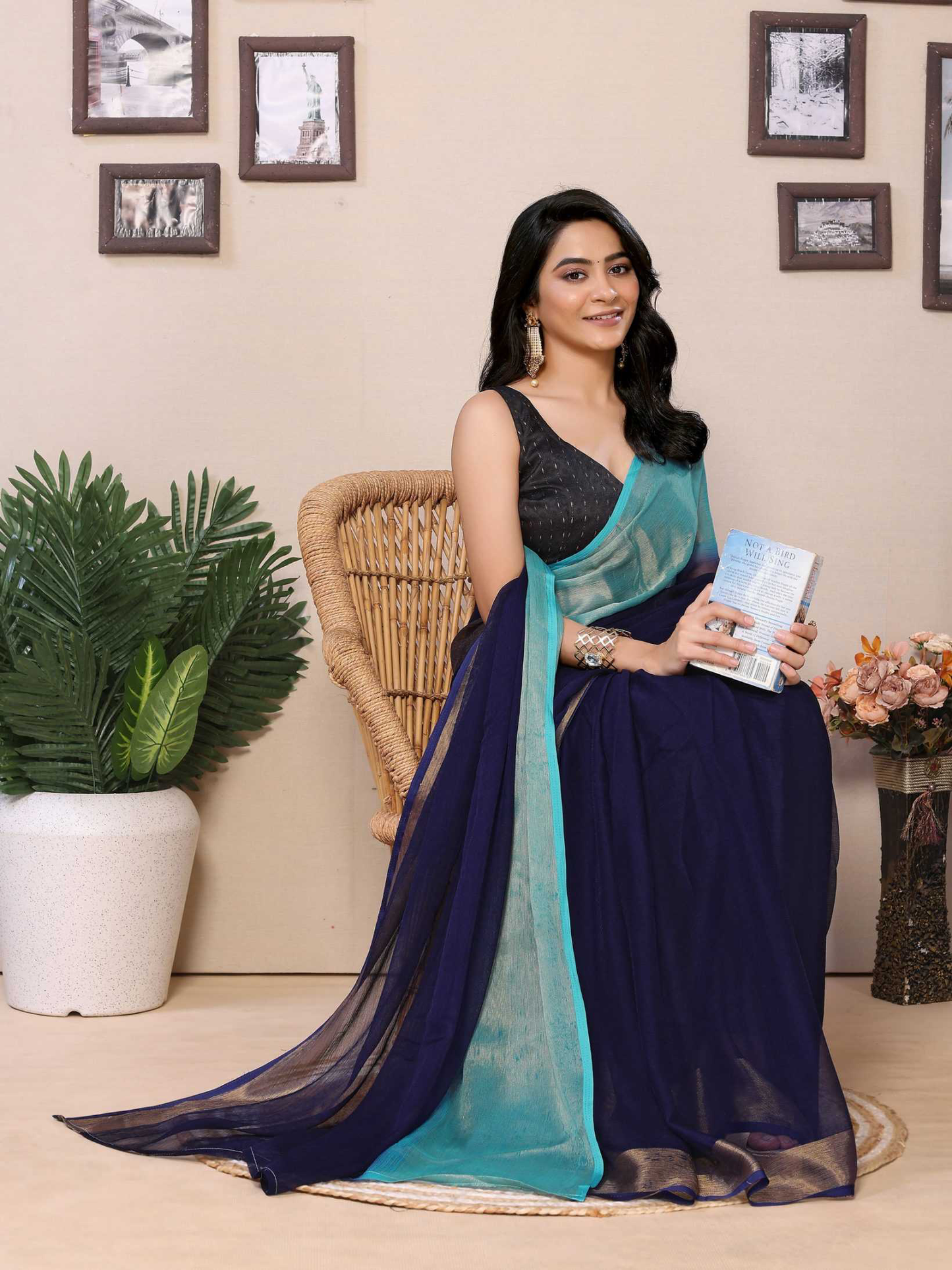 Ready to wear multi plain chiffon saree with woven stripe work