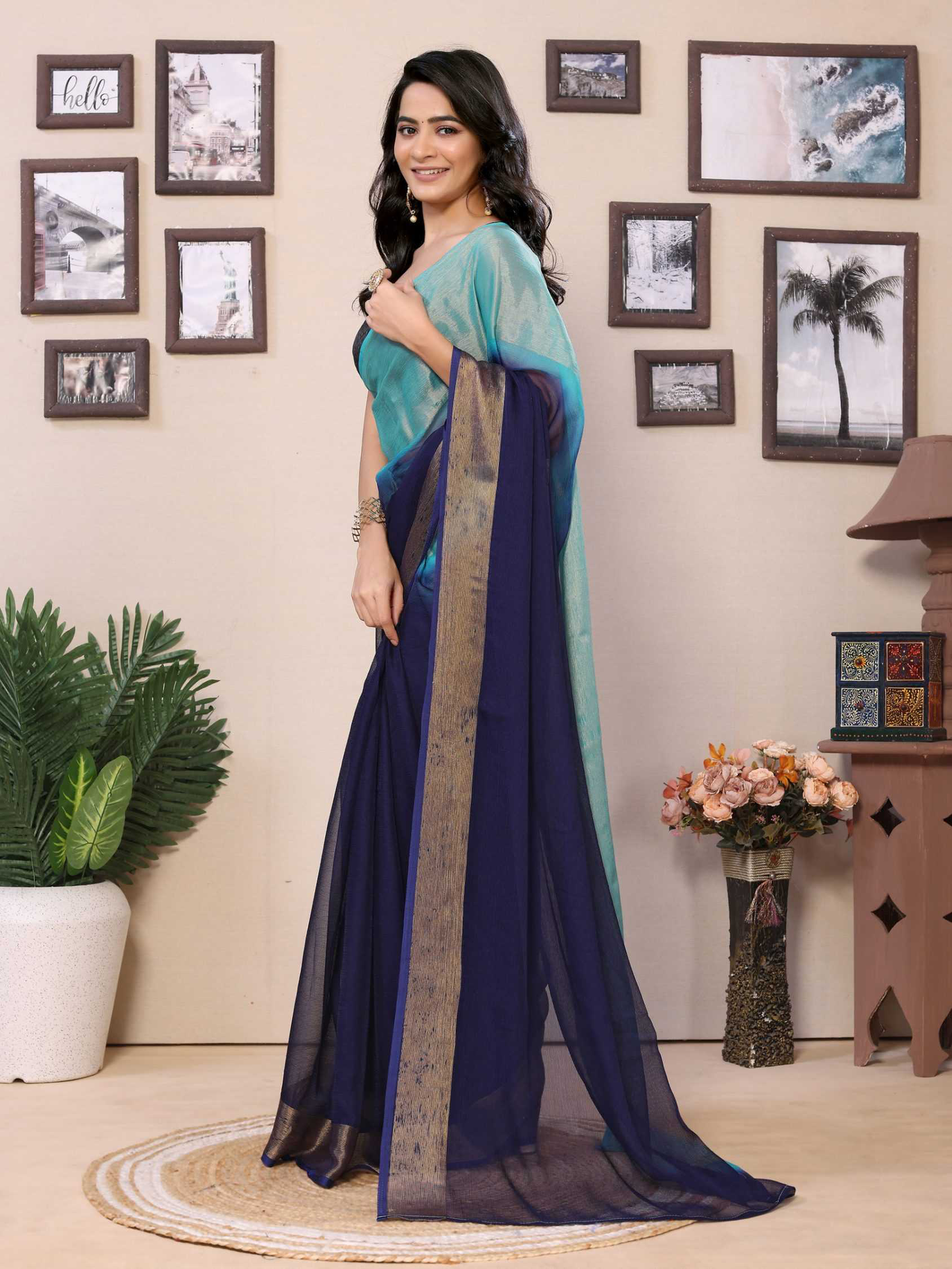 Ready to wear multi plain chiffon saree with woven stripe work