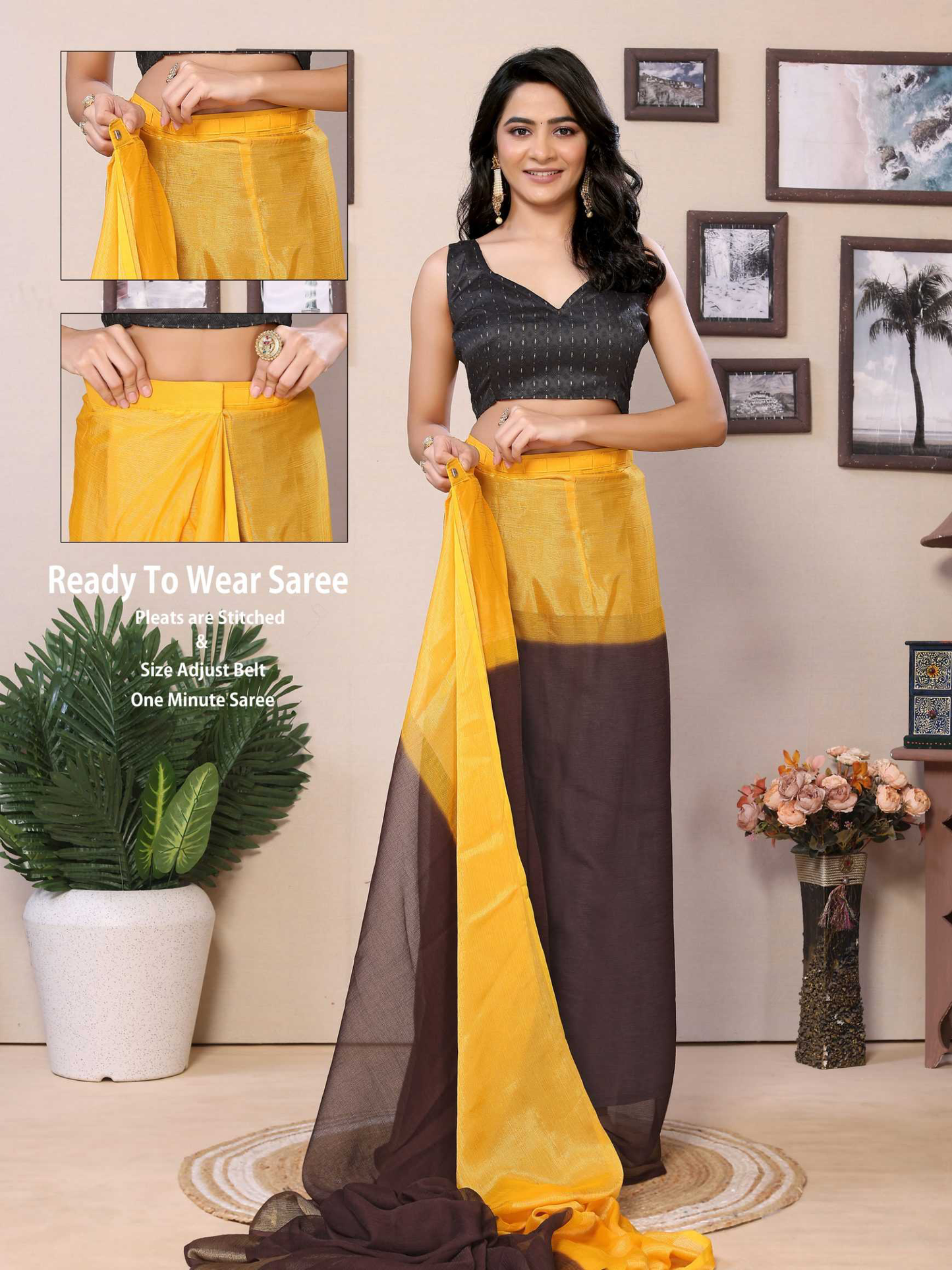 Yellow Ready to wear multi plain chiffon saree with woven stripe work