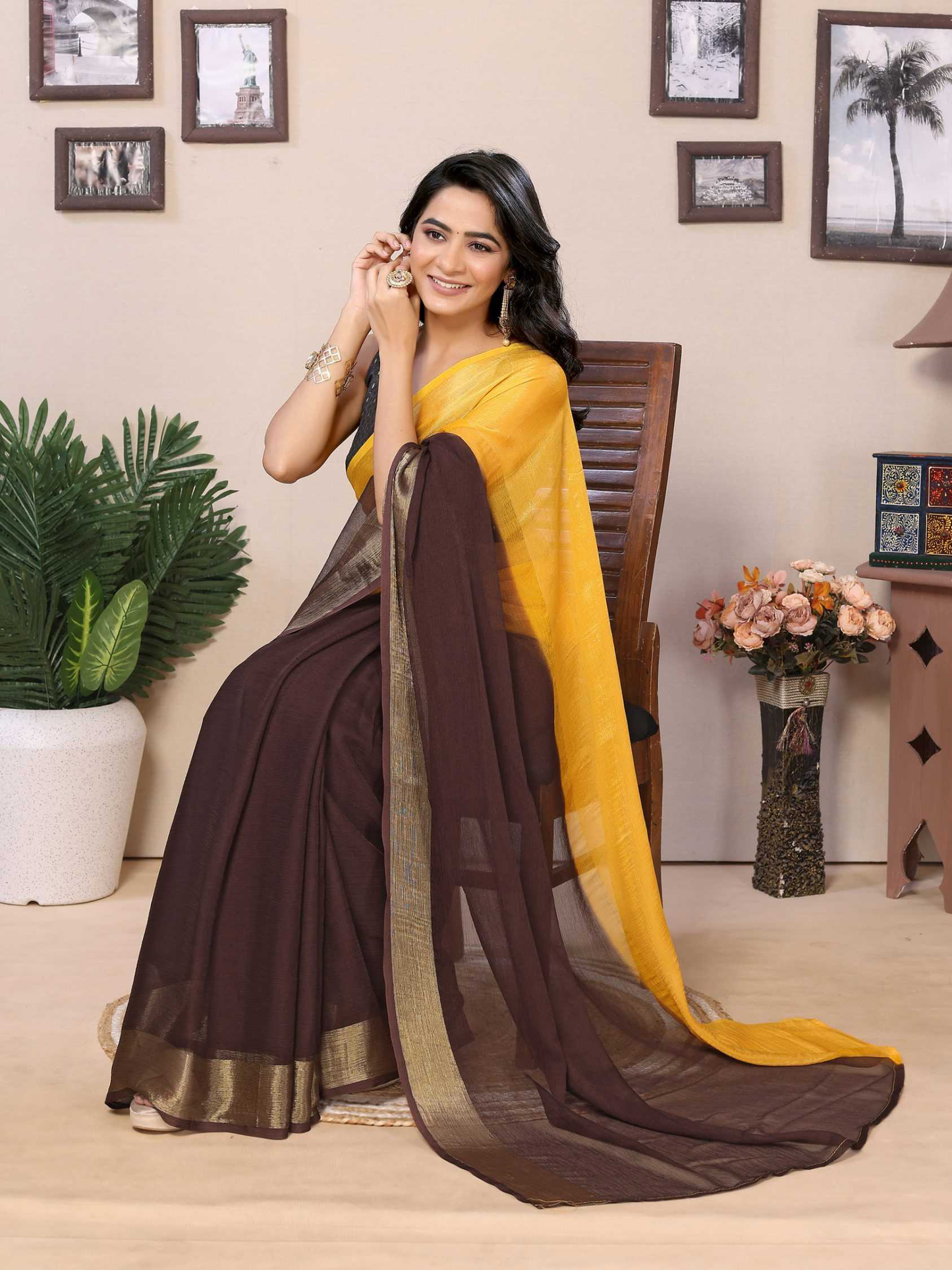 Yellow Ready to wear multi plain chiffon saree with woven stripe work