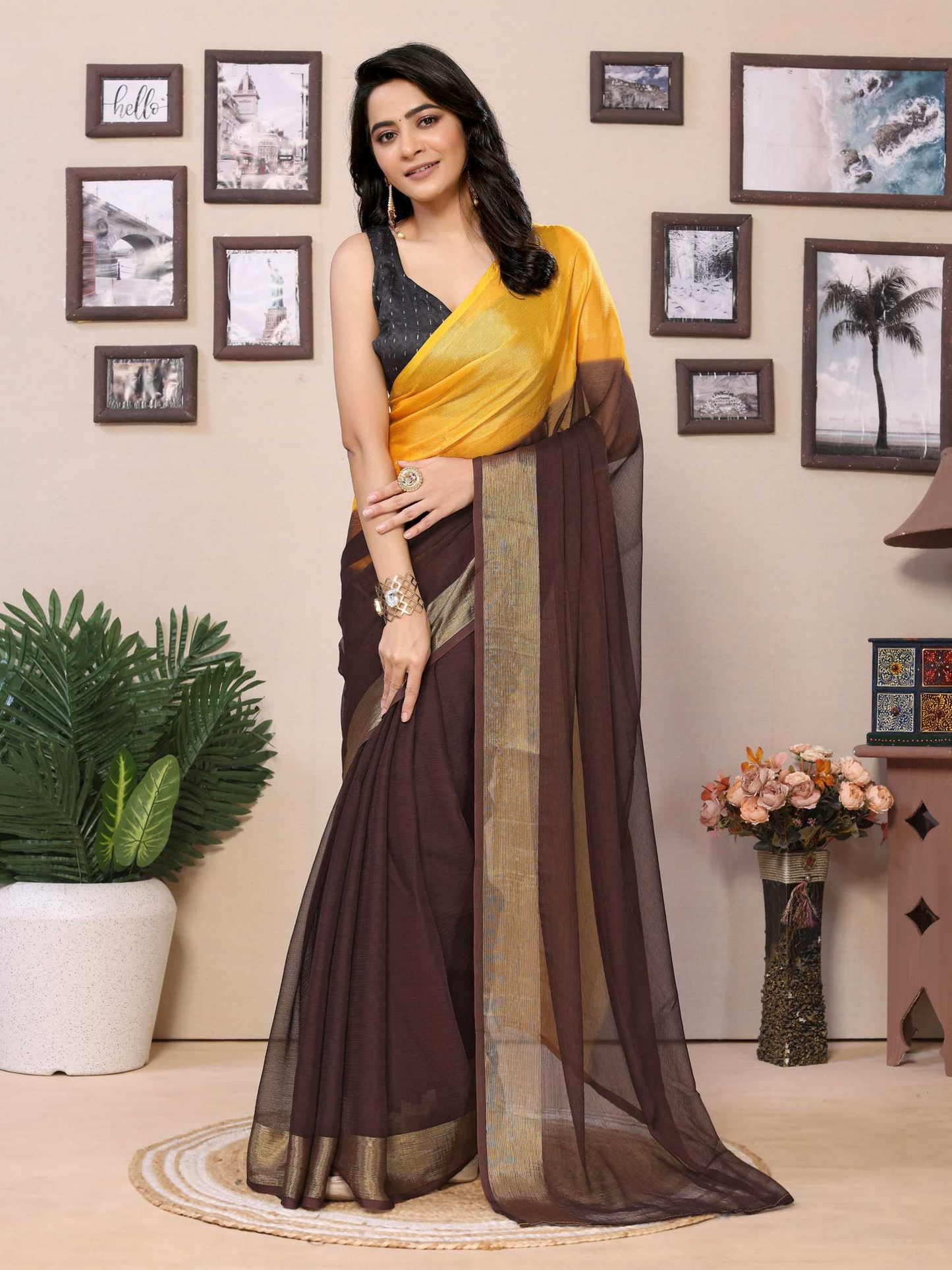 Yellow Ready to wear multi plain chiffon saree with woven stripe work
