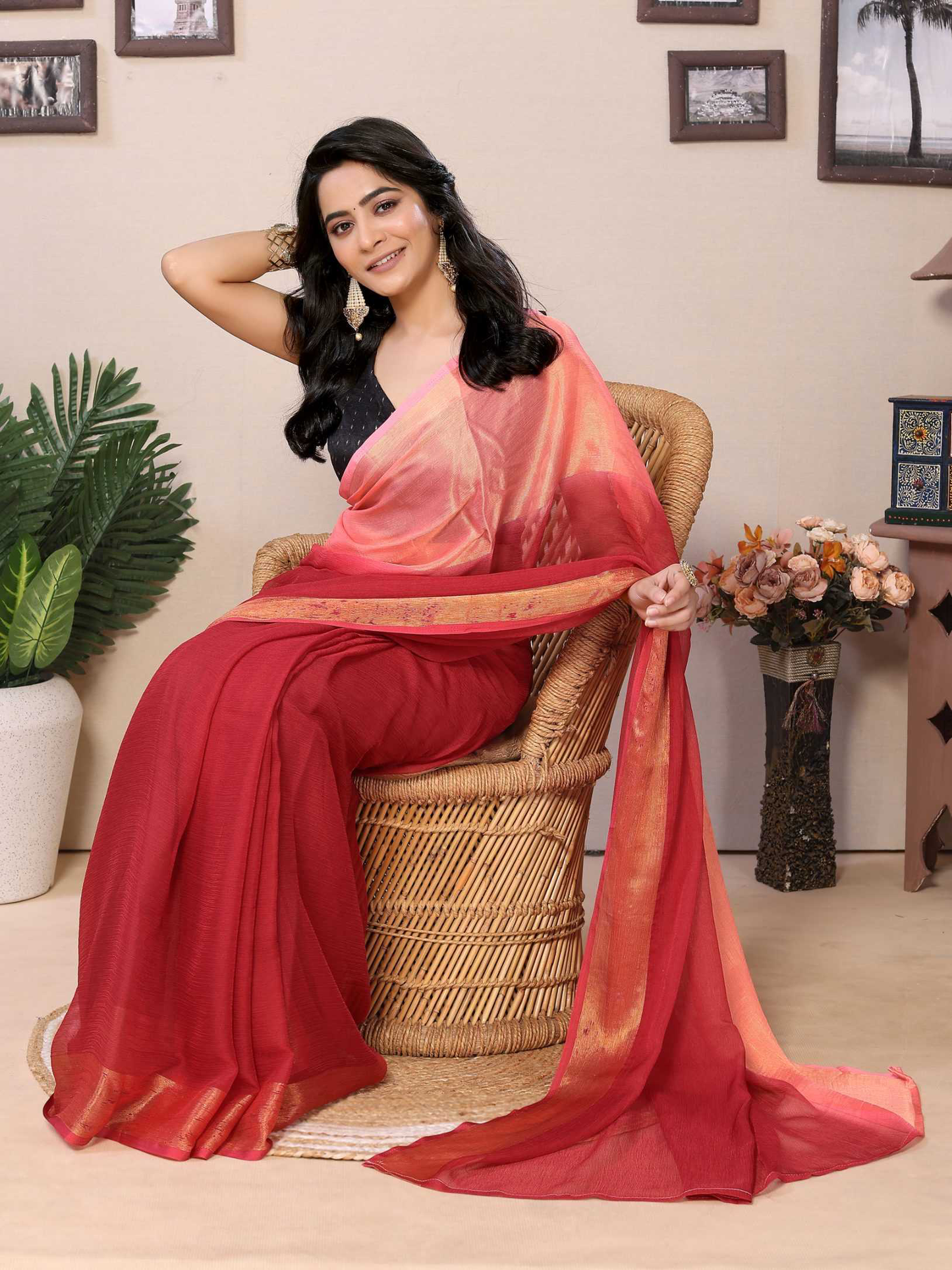 Brown Ready to wear multi plain chiffon saree with woven stripe work