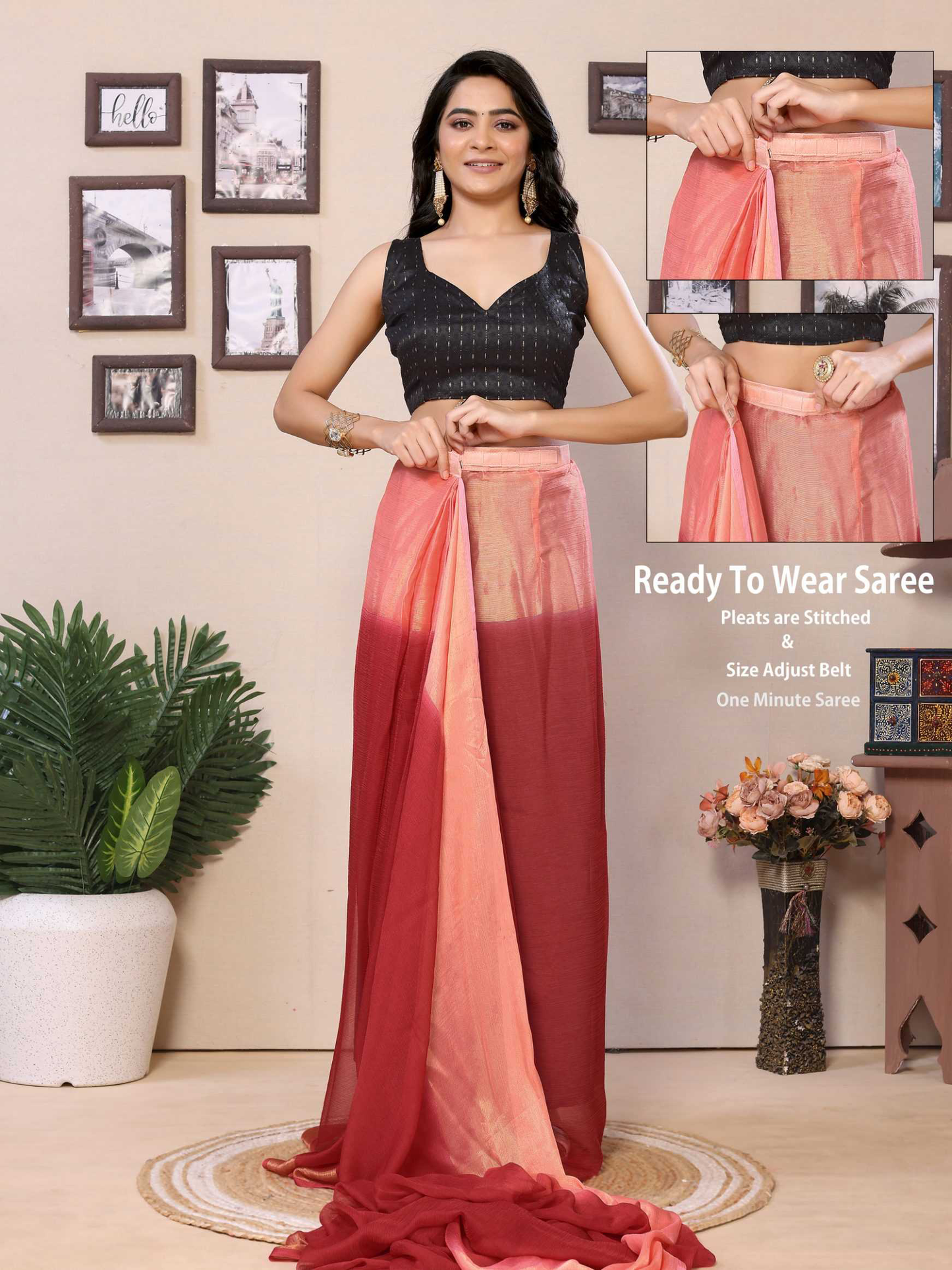 Brown Ready to wear multi plain chiffon saree with woven stripe work