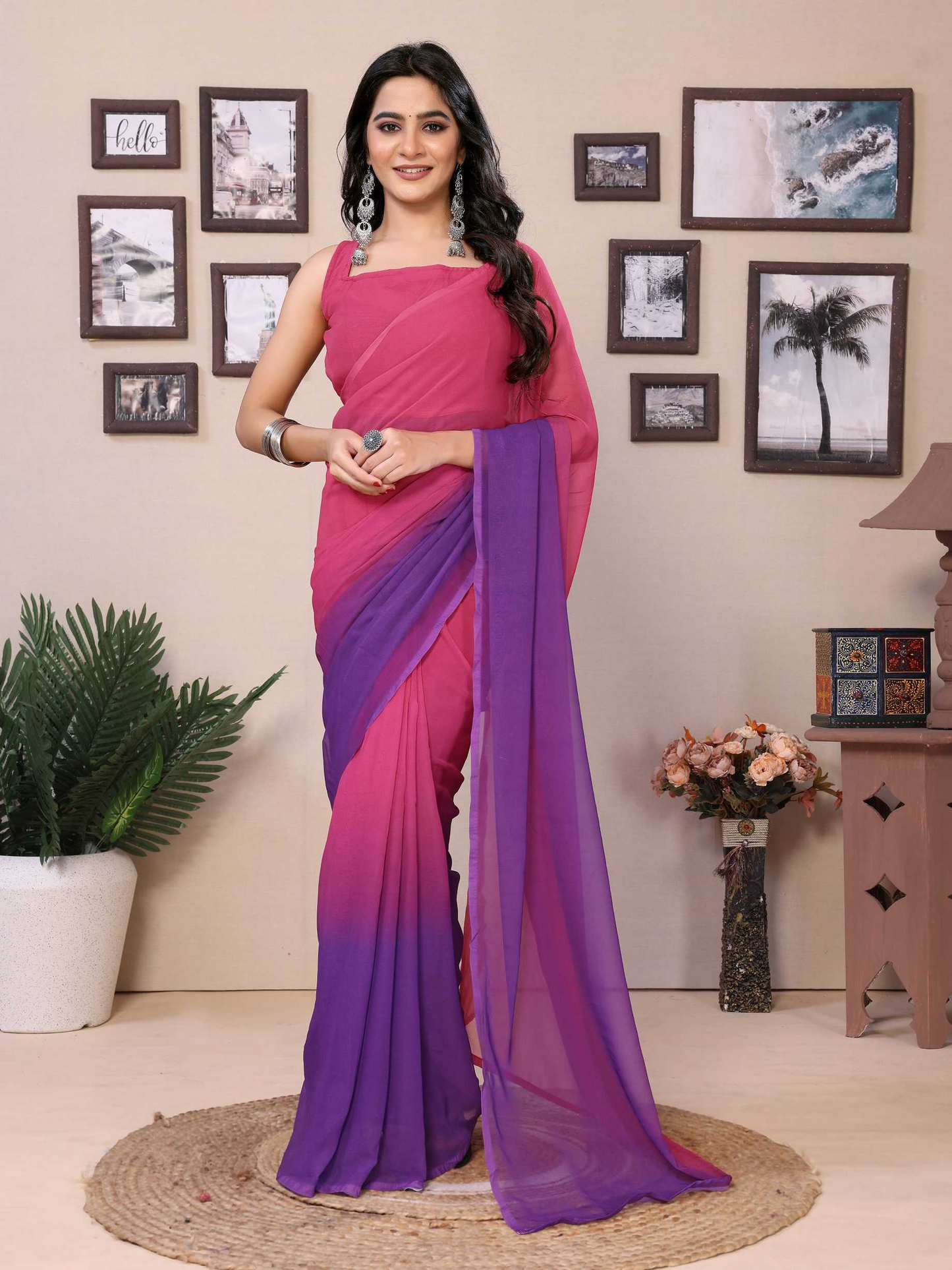 Women Party Wear Printed Georgette Ready To Wear Saree With UnStitched Blouse