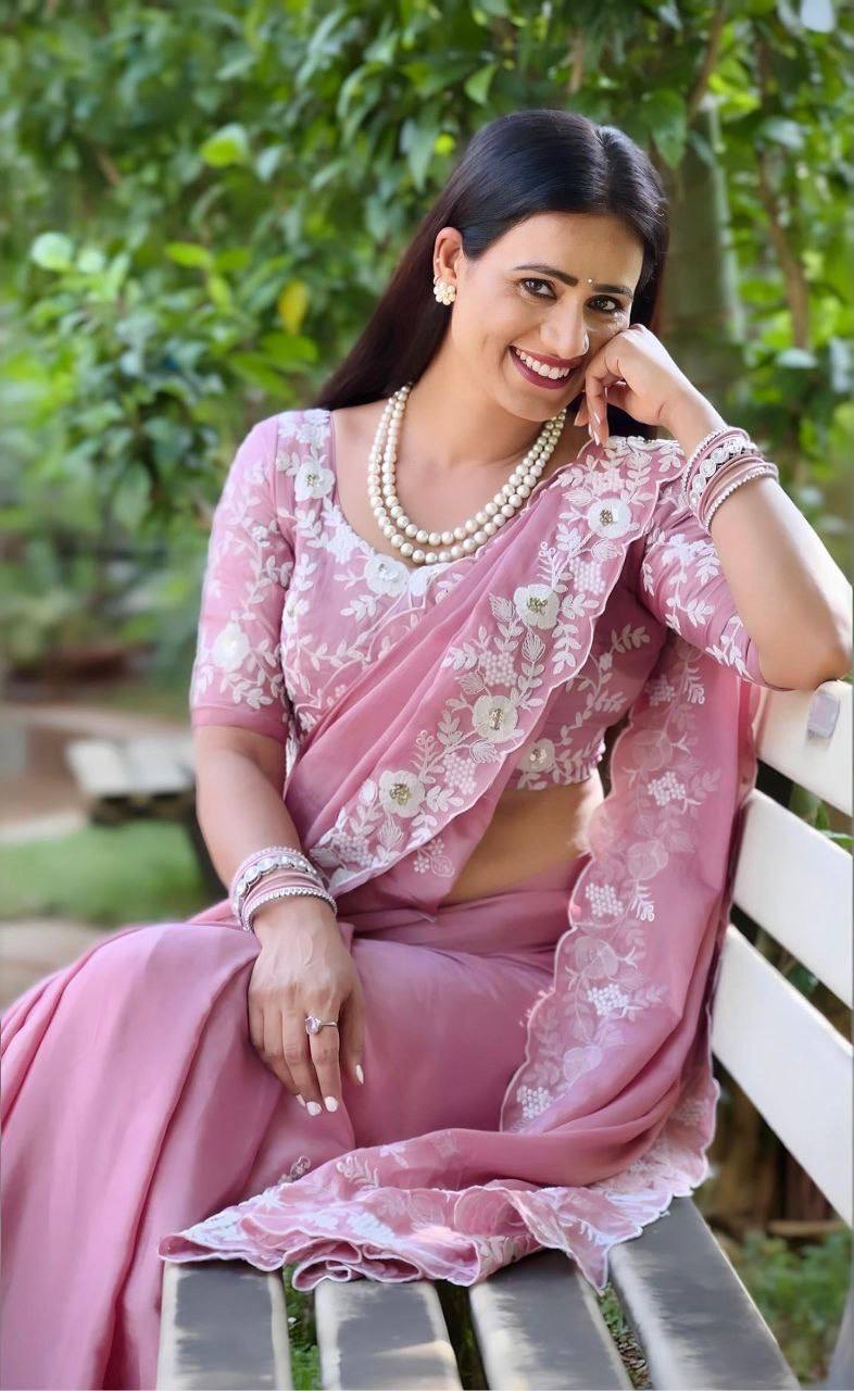 Baby Pink Color Pure Chinon Silk Embroidery Work Saree