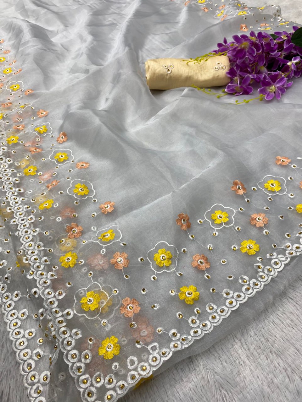Grey Color Soft Organza Silk Saree With Thread Embroidery and Diamond Work