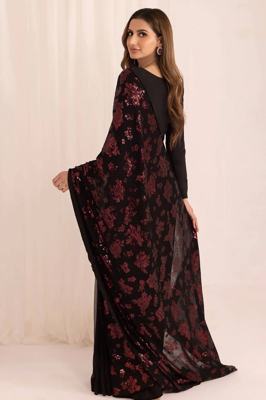 Heavy Sequence Work Black Color Party Wear Saree
