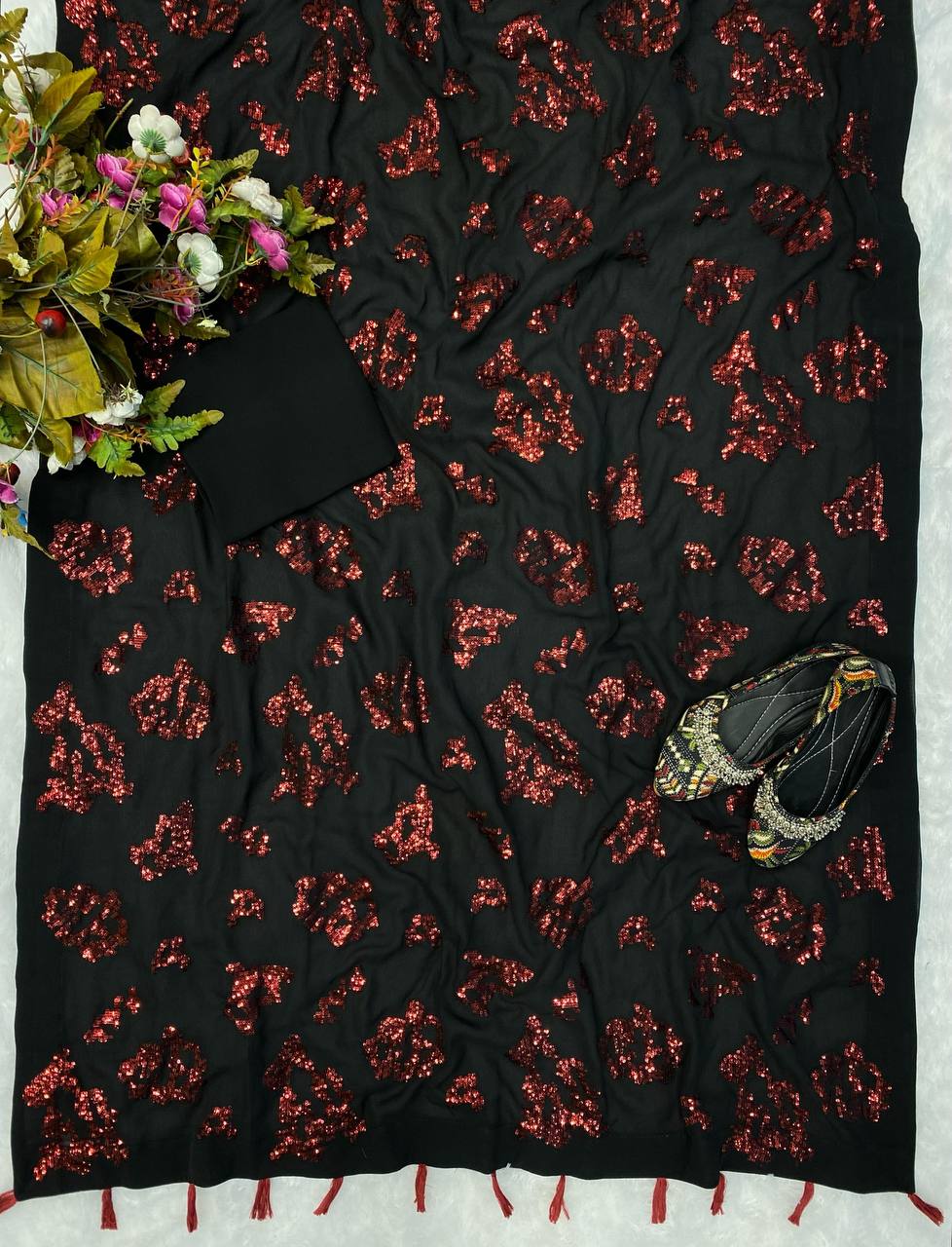 Heavy Sequence Work Black Color Party Wear Saree
