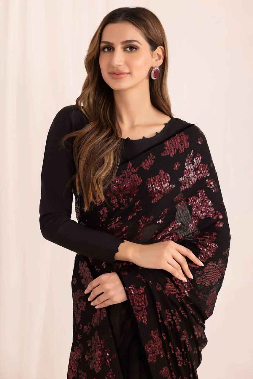Heavy Sequence Work Black Color Party Wear Saree