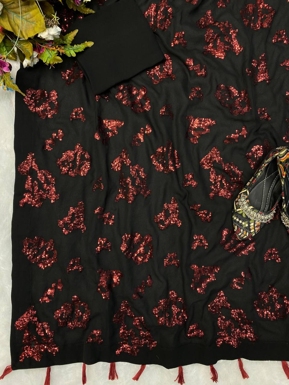 Heavy Sequence Work Black Color Party Wear Saree