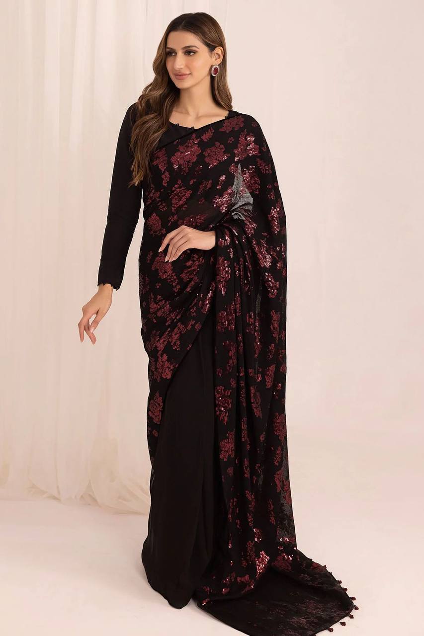 Heavy Sequence Work Black Color Party Wear Saree