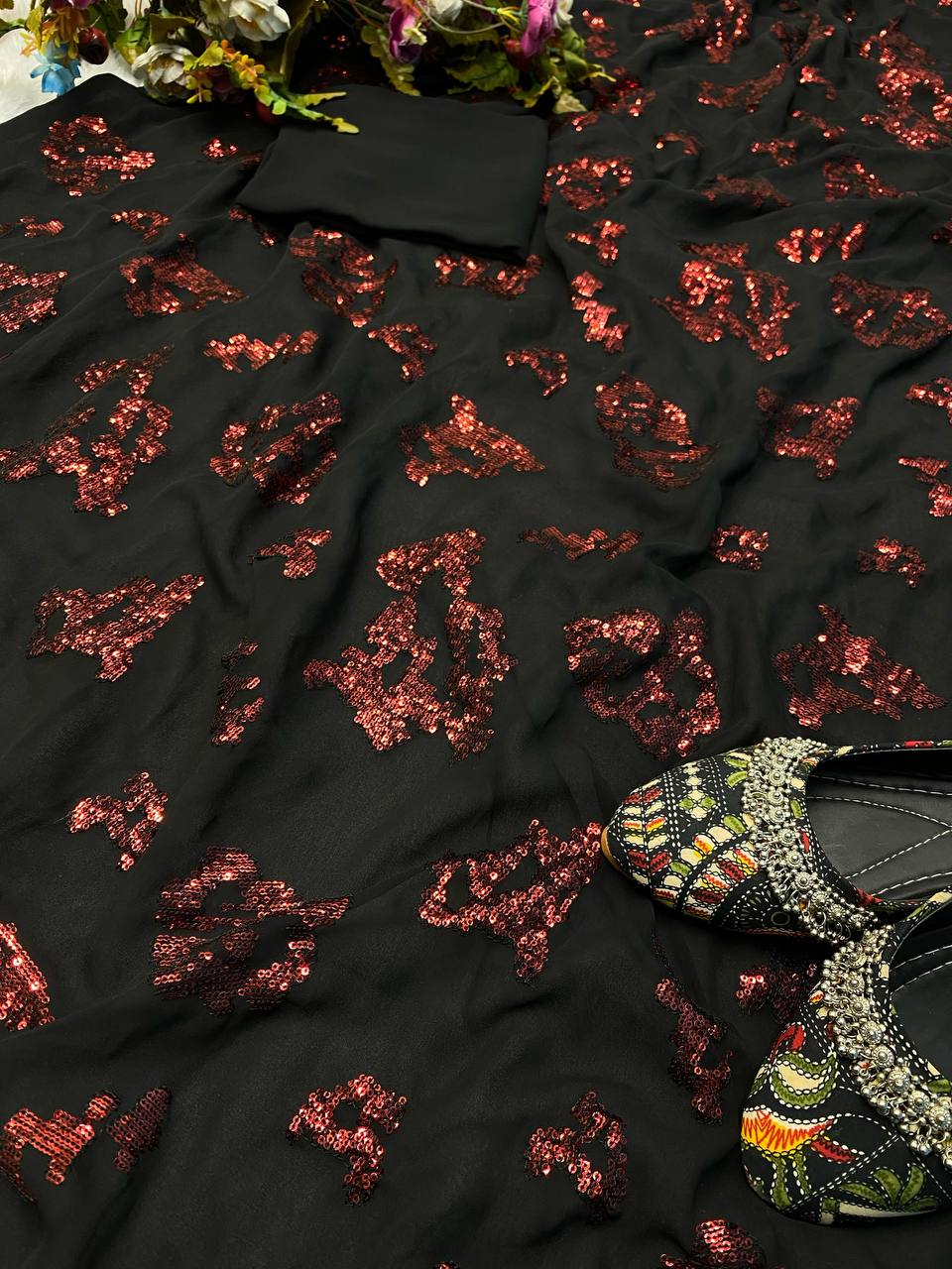 Heavy Sequence Work Black Color Party Wear Saree