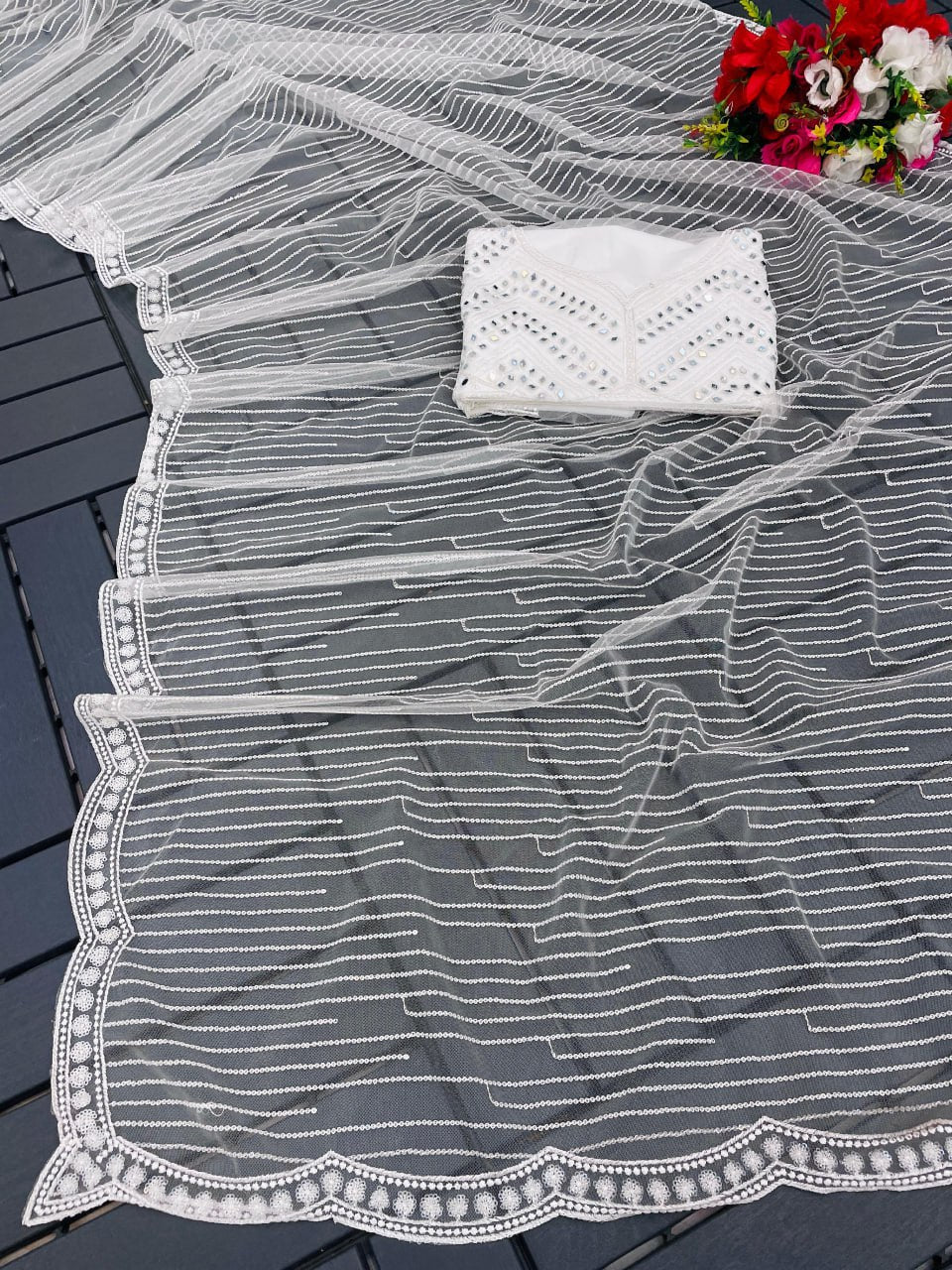Fancy thread work Saree with sequence work with real mirror hand work