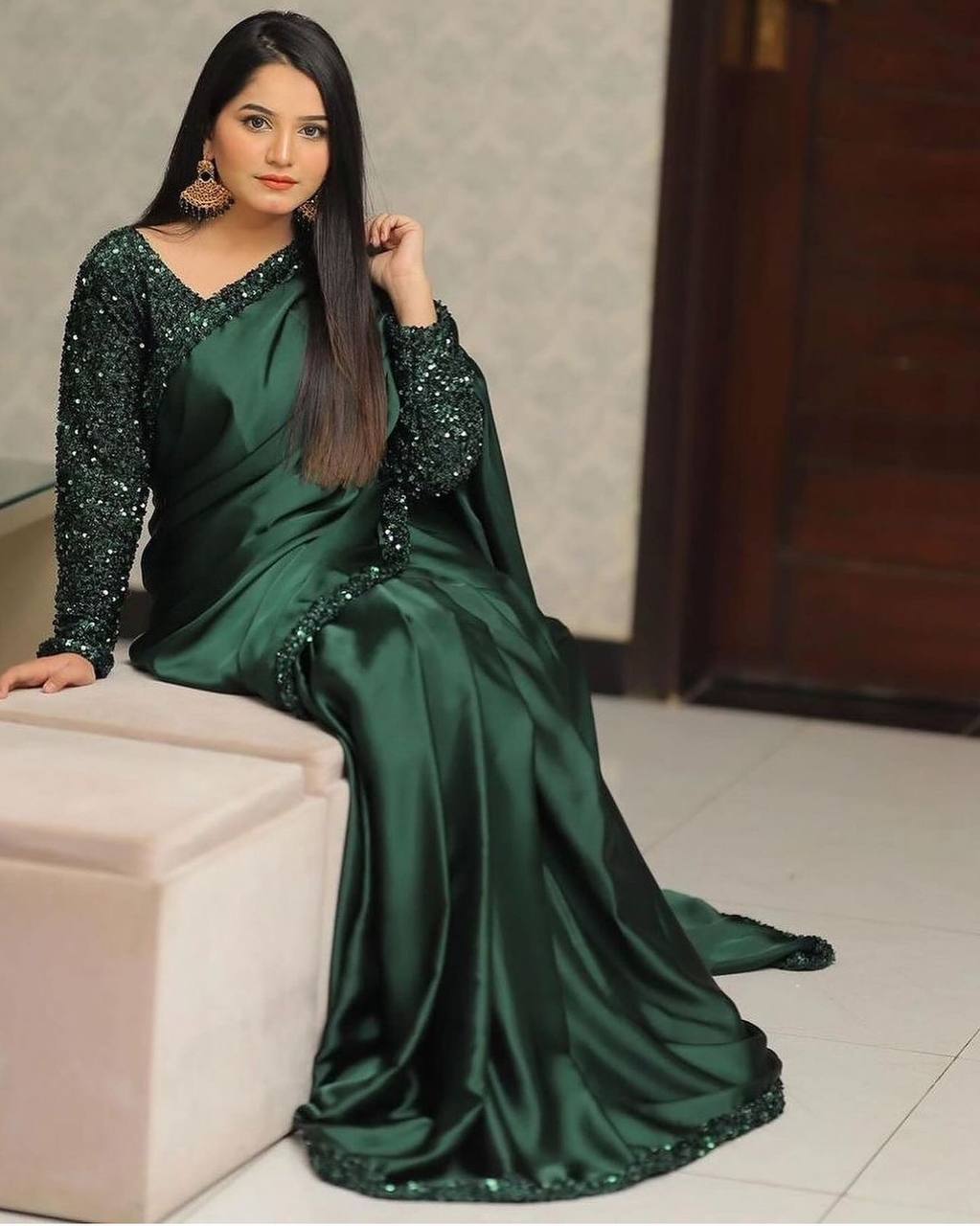 JAPAN SATIN SAREE WITH VELVET EMBROIDERY SEQUENCE LACE BORDER