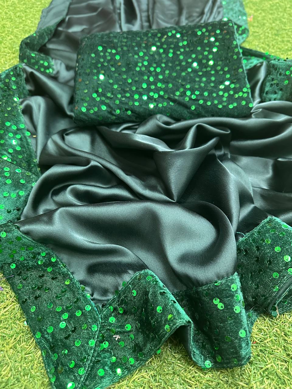JAPAN SATIN SAREE WITH VELVET EMBROIDERY SEQUENCE LACE BORDER
