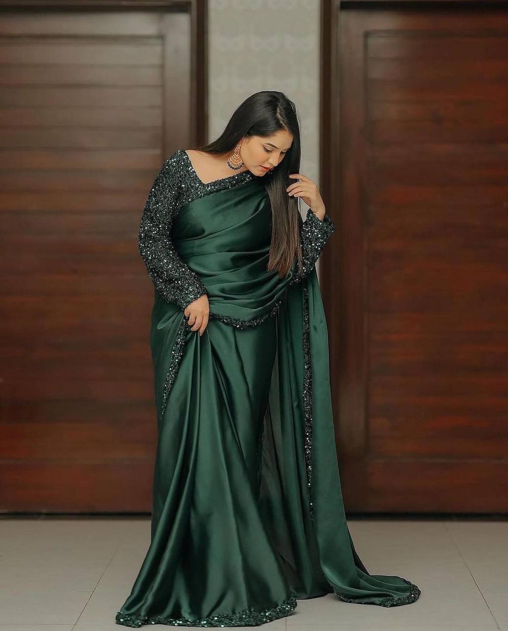 JAPAN SATIN SAREE WITH VELVET EMBROIDERY SEQUENCE LACE BORDER