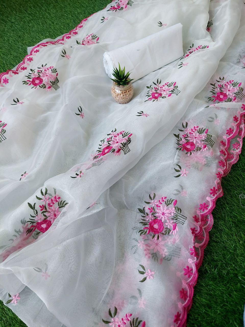 Pure Soft Orgenza Saree With Flower Design Embroidery Work