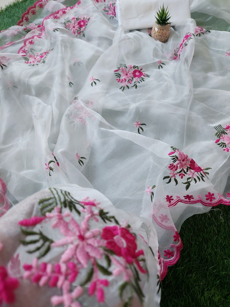 Pure Soft Orgenza Saree With Flower Design Embroidery Work