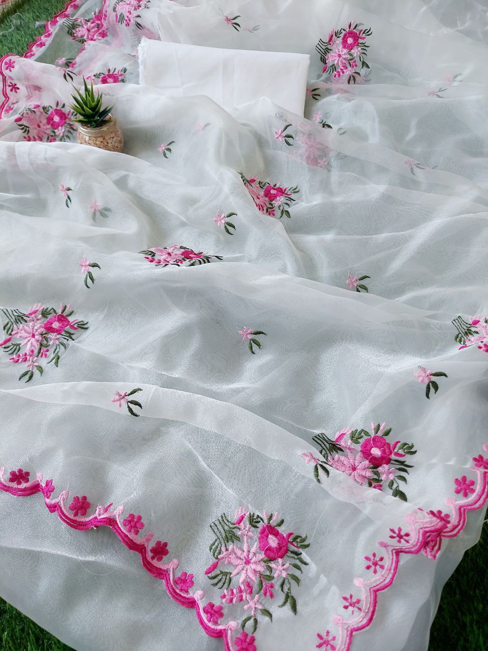 Pure Soft Orgenza Saree With Flower Design Embroidery Work