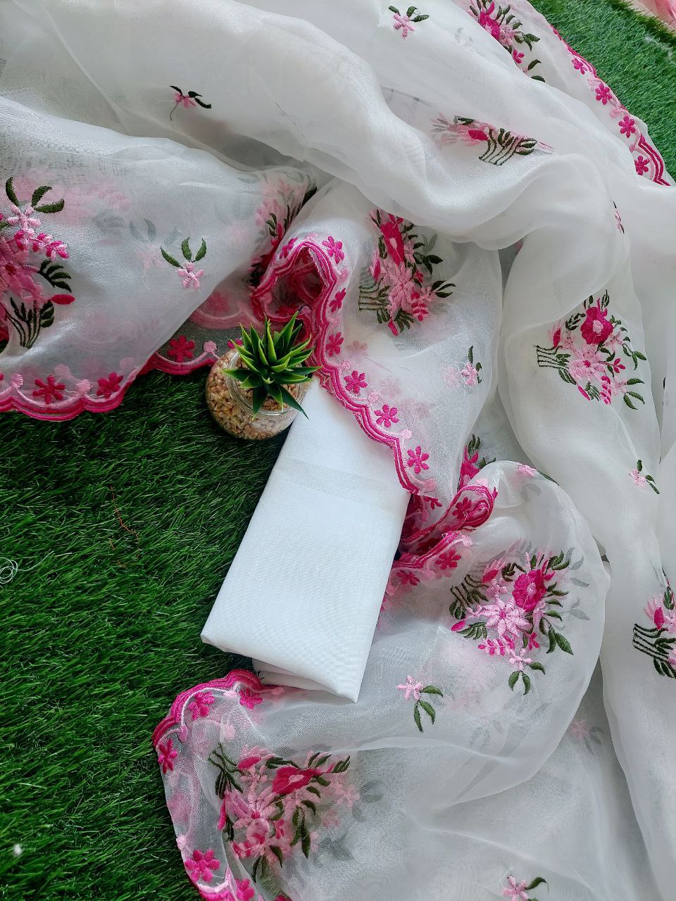 Pure Soft Orgenza Saree With Flower Design Embroidery Work