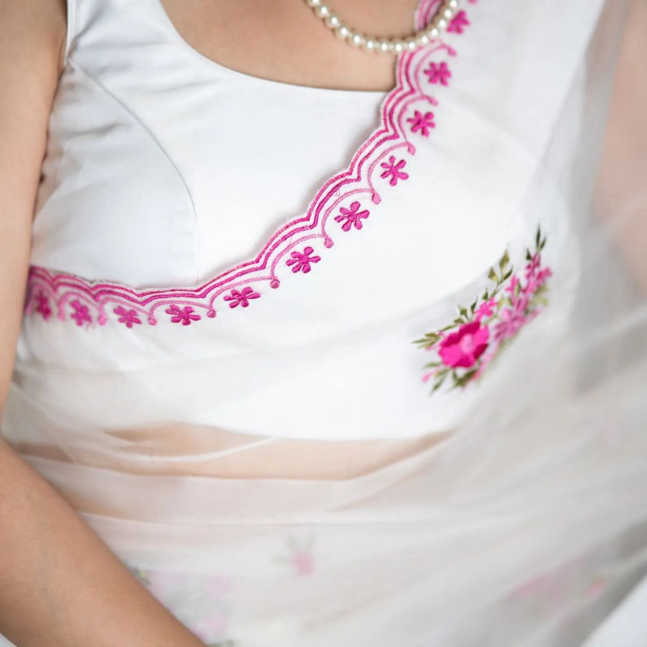 Pure Soft Orgenza Saree With Flower Design Embroidery Work