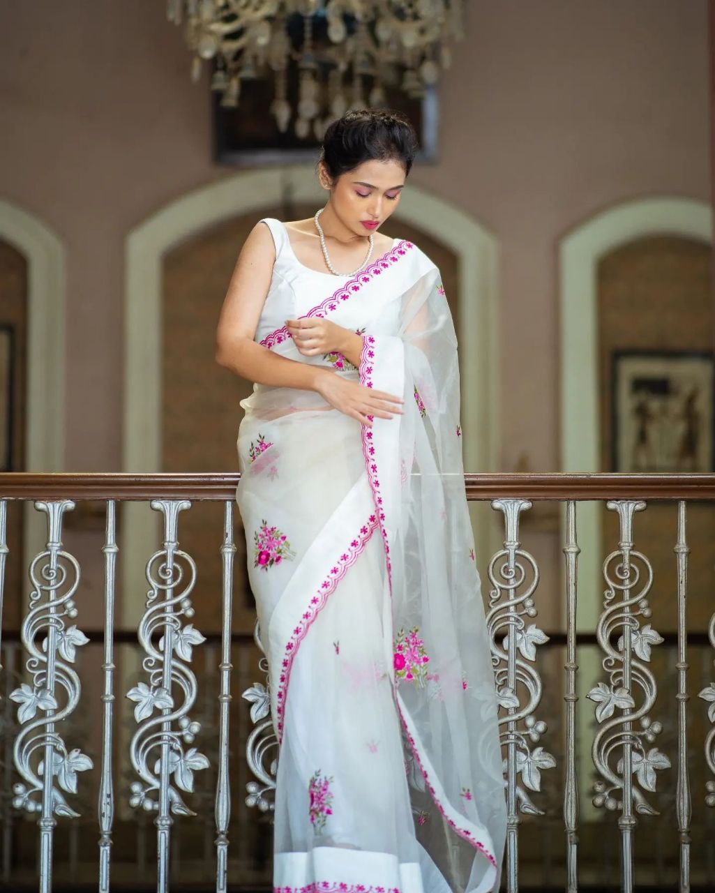 Pure Soft Orgenza Saree With Flower Design Embroidery Work