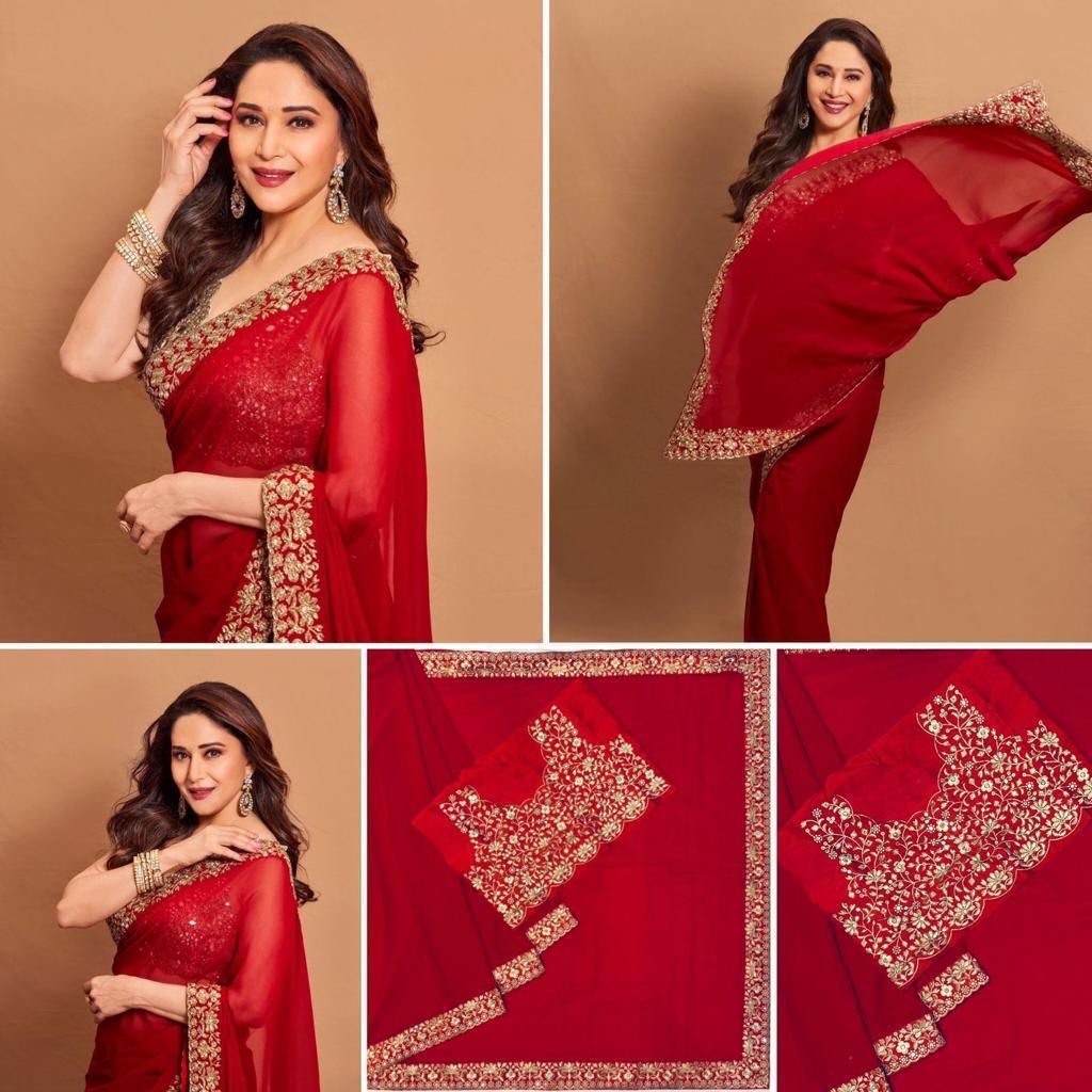 Exclusive Bollywood Red Faux Georgette Sequence Work Saree With Blouse