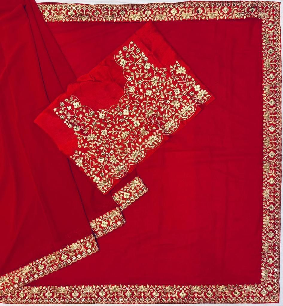 Exclusive Bollywood Red Faux Georgette Sequence Work Saree With Blouse