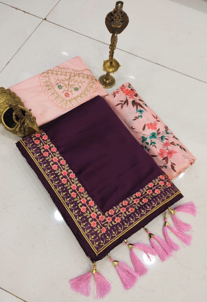 Dark Scarlet Color Vichitra Designer Fancy Saree