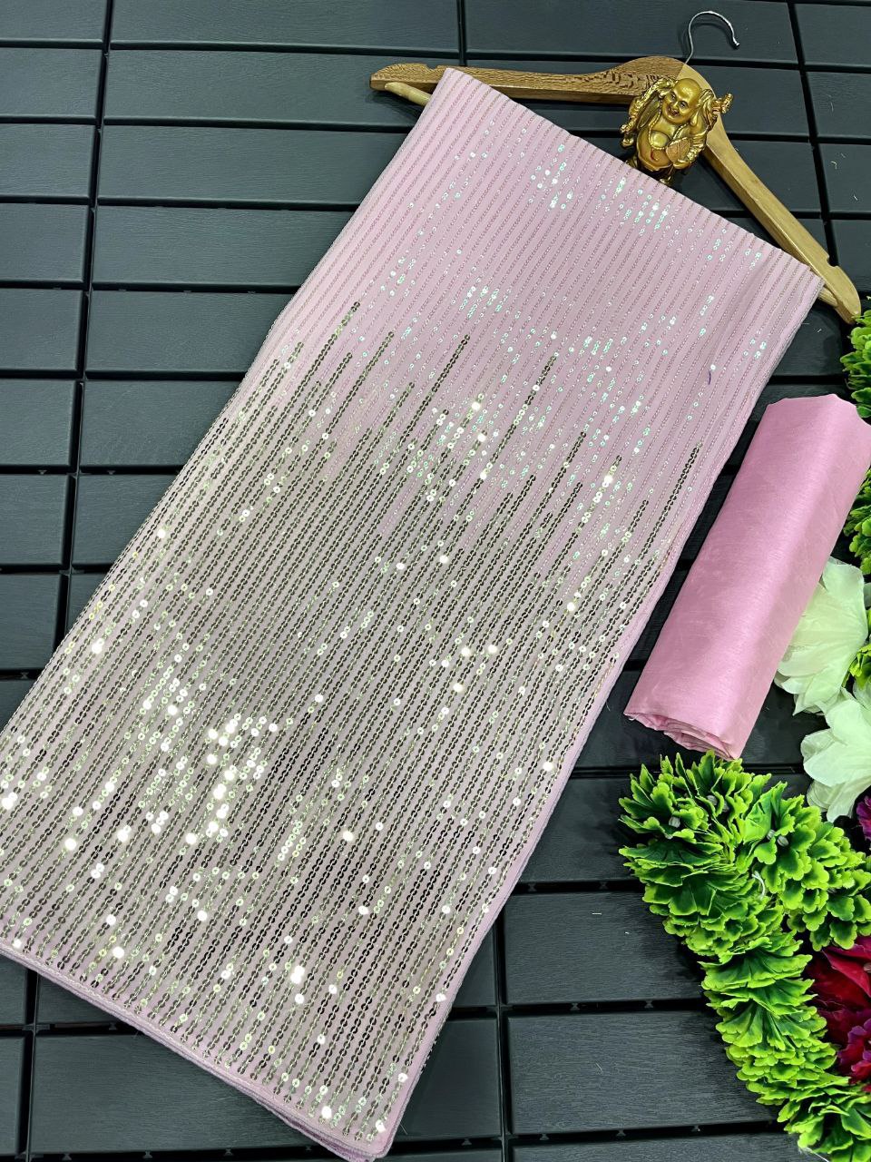 Mannara Chopra Baby Pink Color Heavy Dual Sequins Embroidered Saree