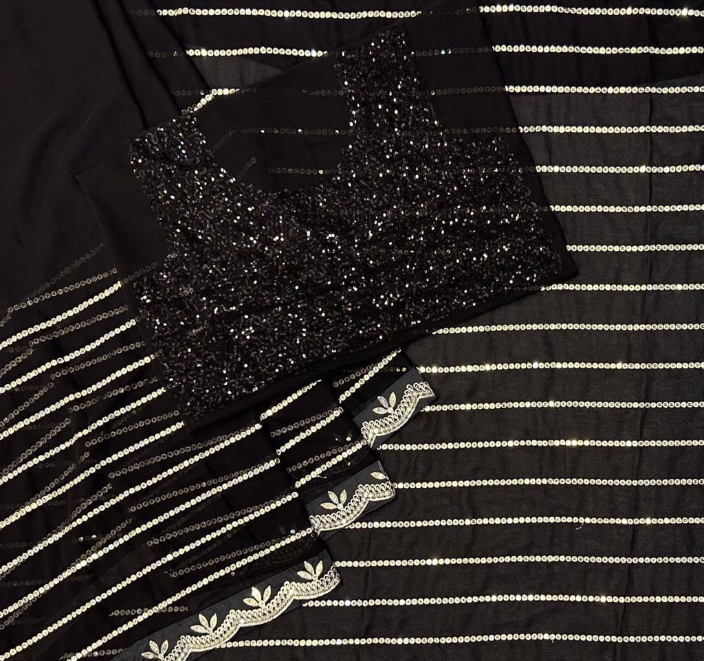 Black Color Sequence Work Celebrity Style Soft Net Saree